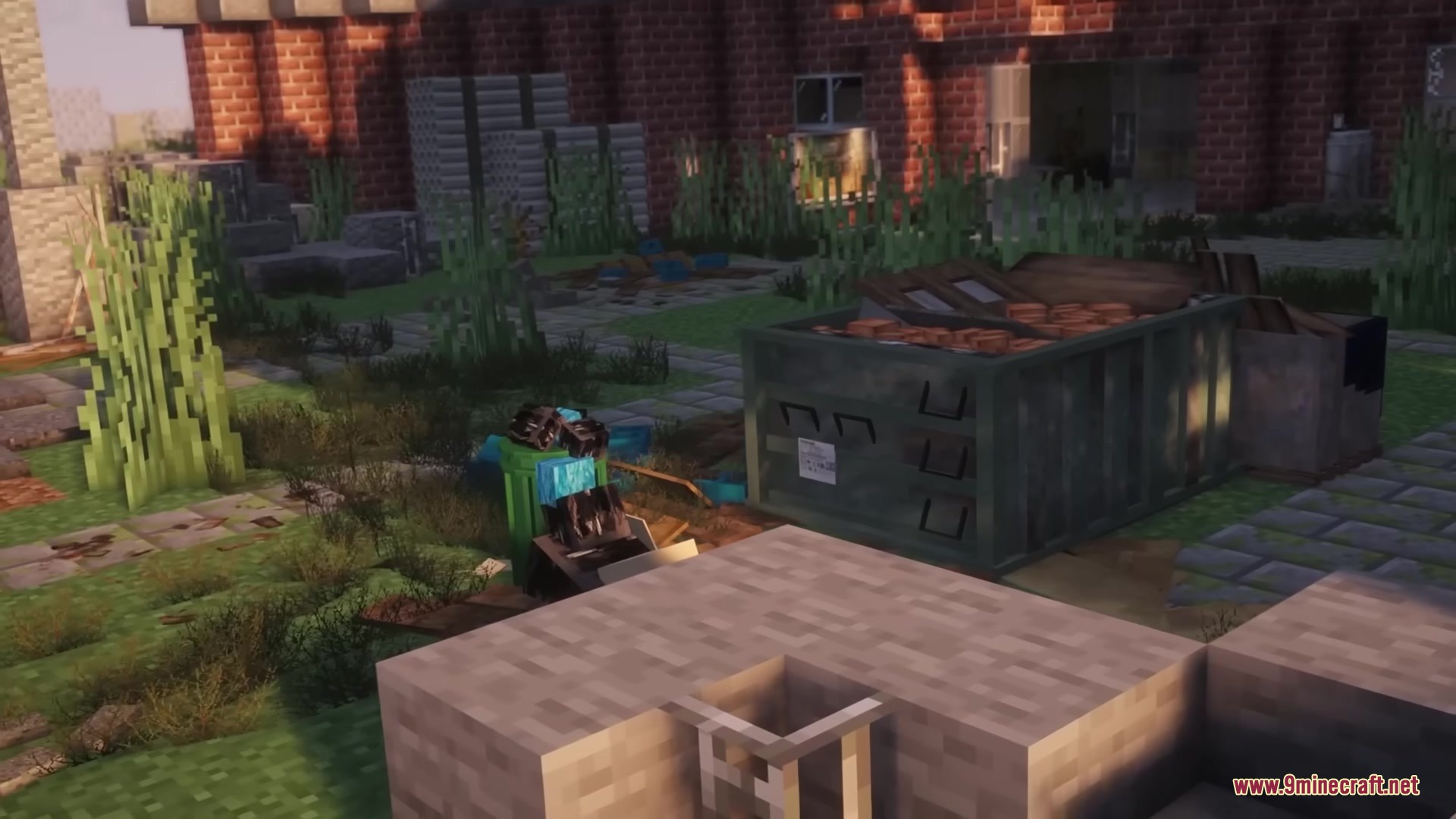 Abandoned dumpster and trash bins placed near a brick building in Minecraft