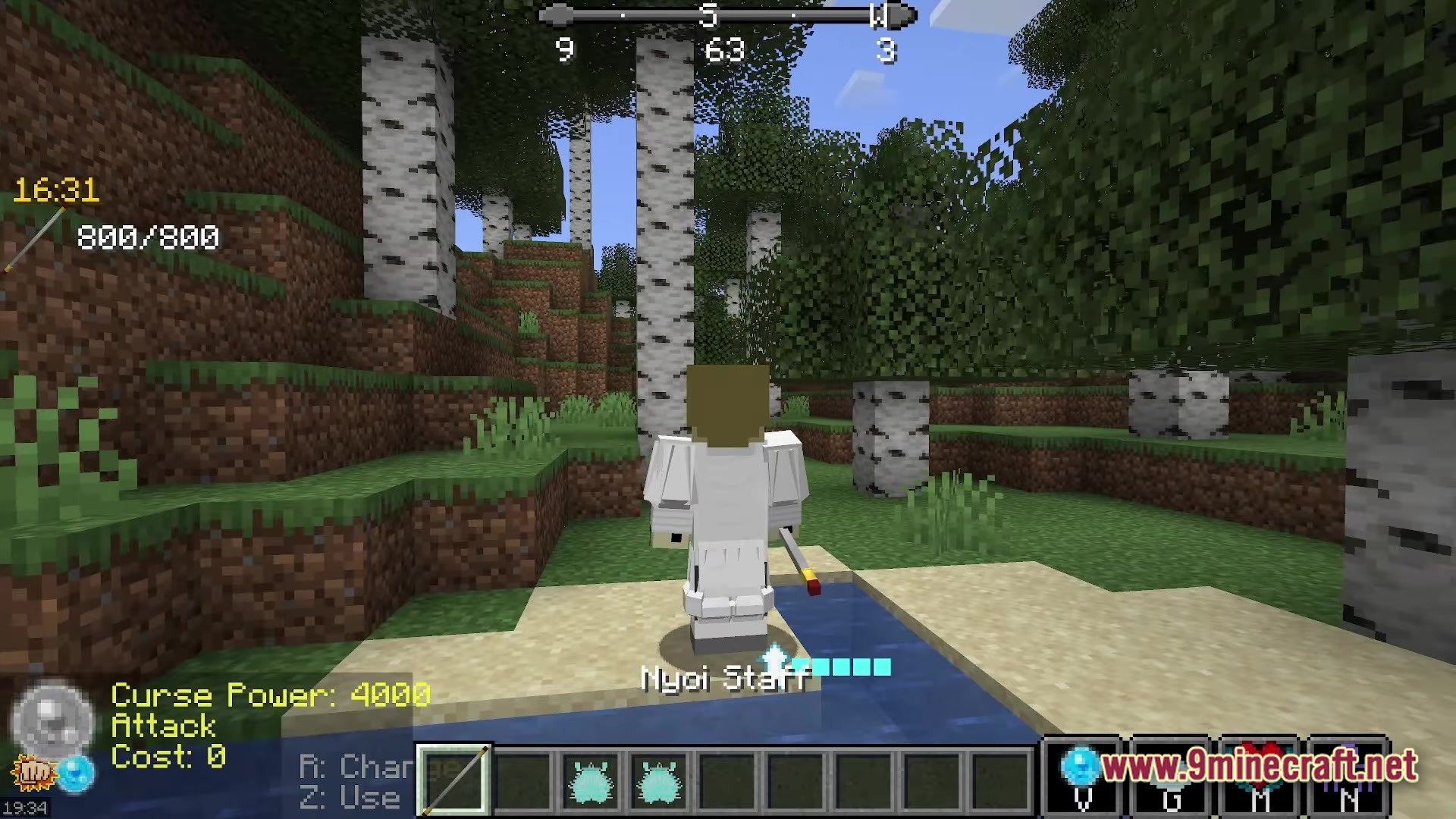 Zeefski Jujutsu Kaisen Craft Modpack Screenshot 1 A player character wearing white armor holds a Nyoi Staff in a birch forest biome