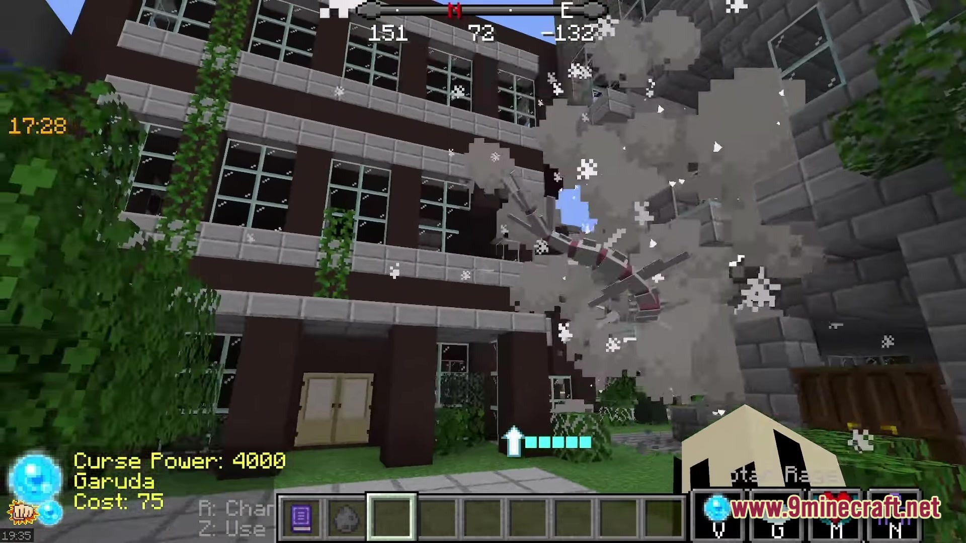 Zeefski Jujutsu Kaisen Craft Modpack Screenshot 2 A player uses the Garuda cursed tool ability near a large brick building in Minecraft