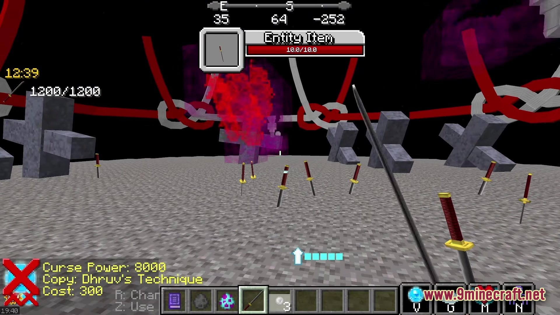Zeefski Jujutsu Kaisen Craft Modpack Screenshot 3 A player uses a katana within a Domain Expansion featuring red and white decorative ropes