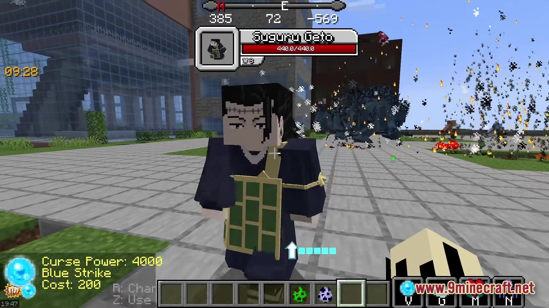 Zeefski Jujutsu Kaisen Craft Modpack Screenshot 4 A player encounters the Suguru Geto boss mob within a city environment in Minecraft