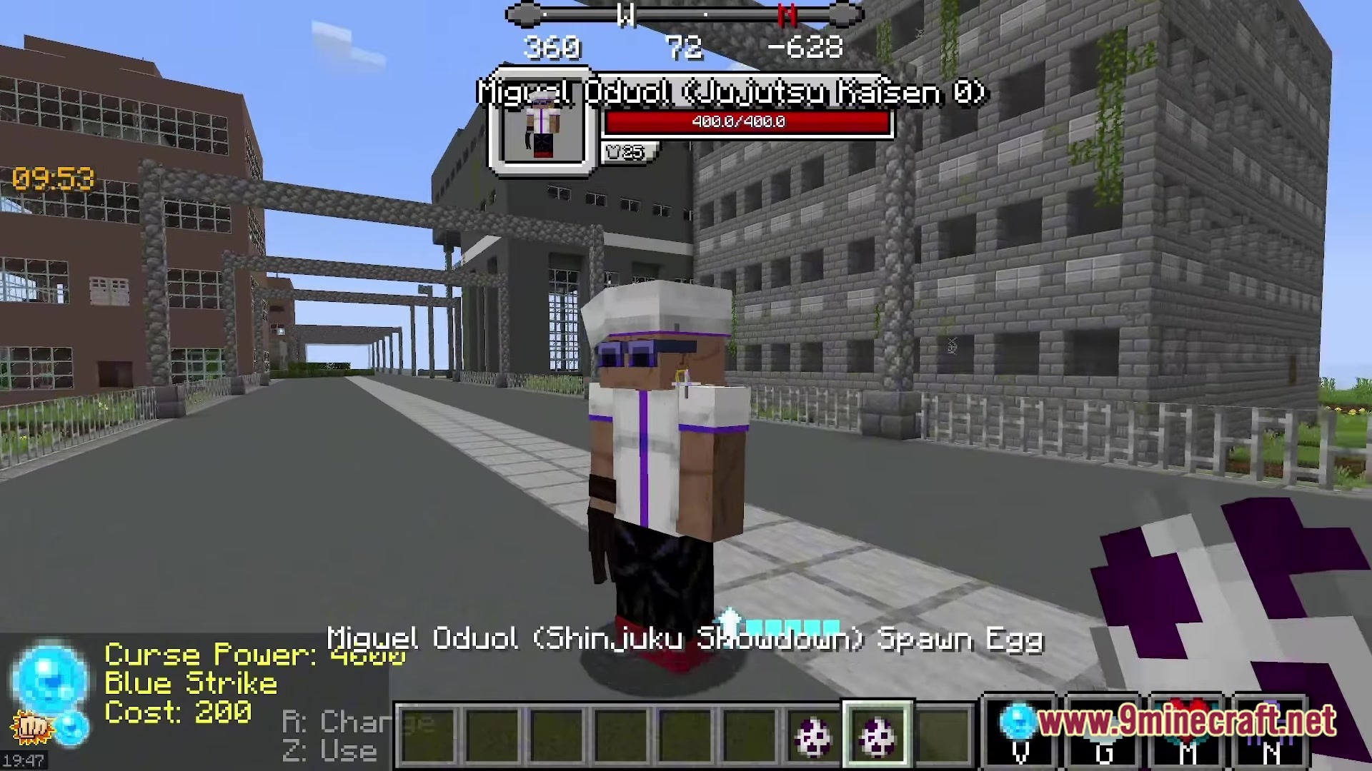 Zeefski Jujutsu Kaisen Craft Modpack Screenshot 5 A player stands before Miguel Oduol in a city environment with custom modded UI elements