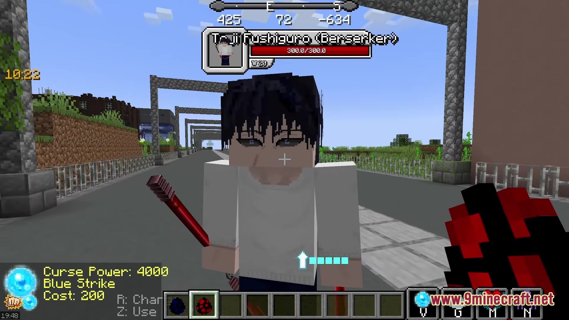Zeefski Jujutsu Kaisen Craft Modpack Screenshot 6 A player encounters the Toji Fushiguro (Berserker) boss mob on a paved road in Minecraft
