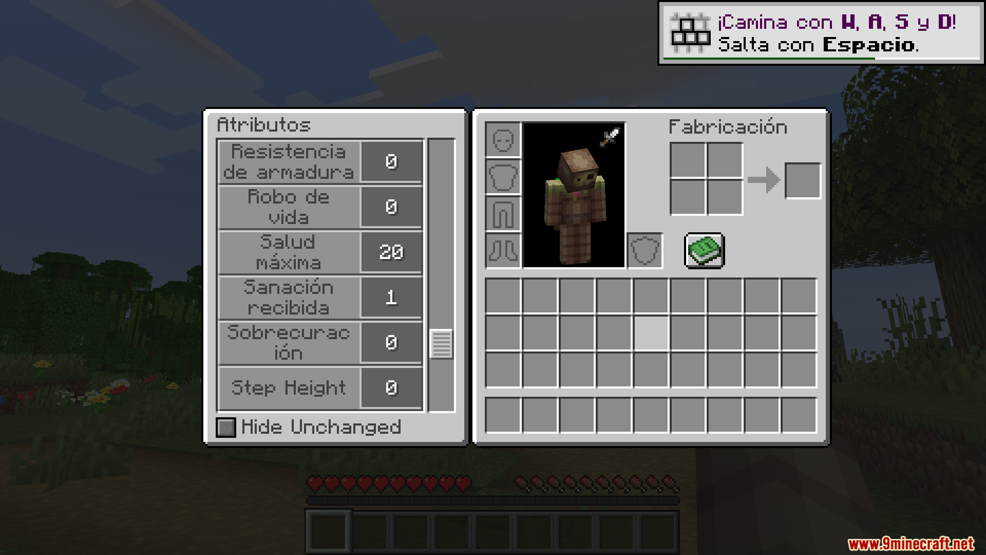 Zenith Attributes Spanish Translation Resource Pack Screenshot 3 Minecraft inventory screen displaying character attributes translated into the Spanish language
