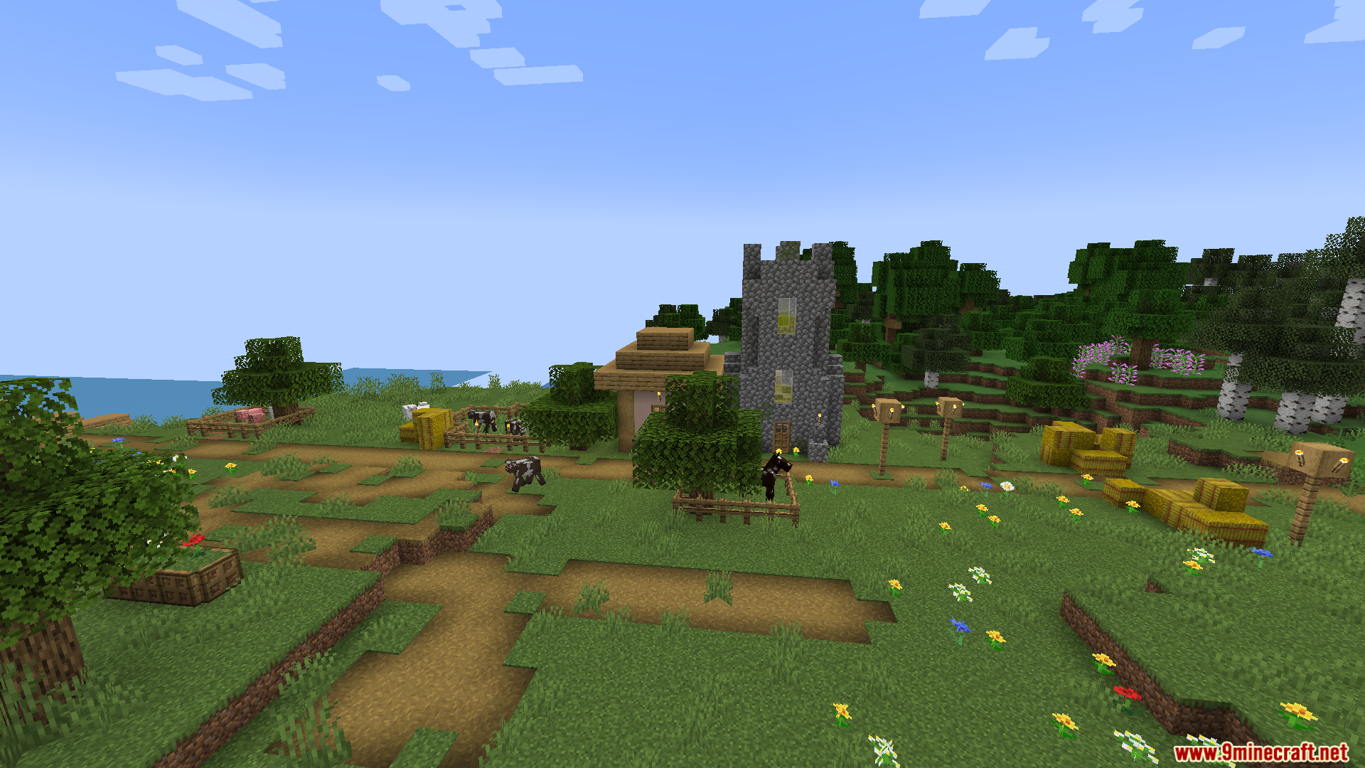 Zenith Attributes Spanish Translation Resource Pack Screenshot 8 Small village with a cobblestone church and cows grazing on the grass