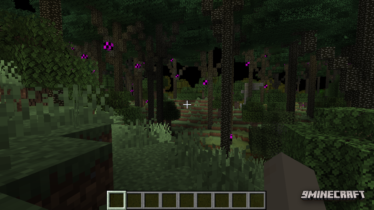 Mossy ruins and glowing fireflies scattered among the towering forest trees