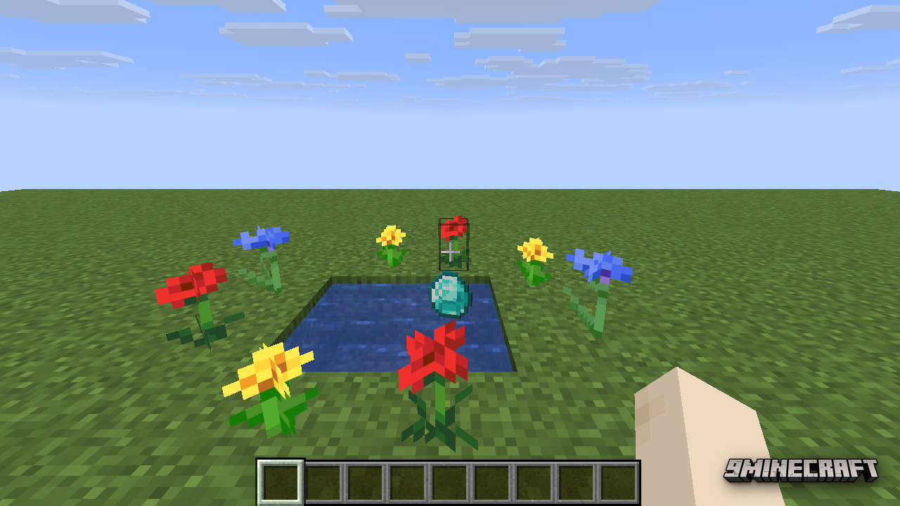 Opening the portal by dropping a diamond into a flower-ringed pool of water