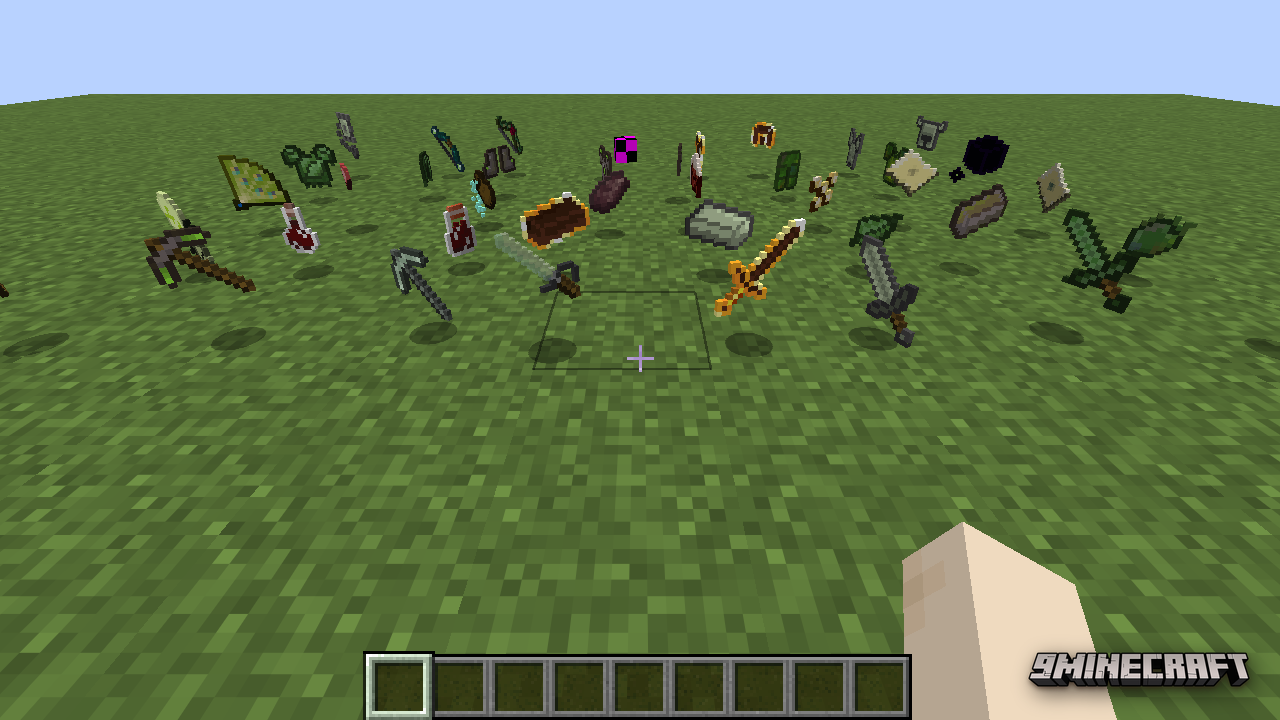 A full spread of enchanted swords, armor, tools, potions, and boss trophies