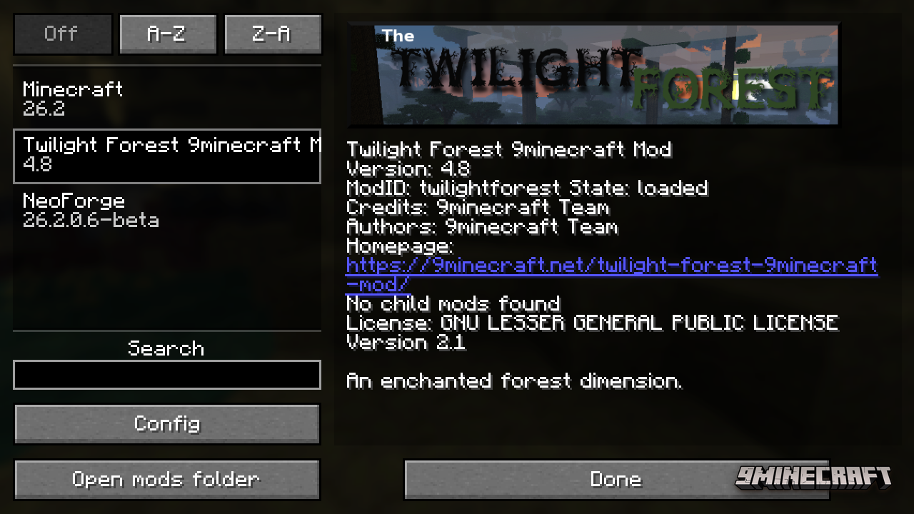 The mod's information page and clickable homepage shown in the in-game mods list