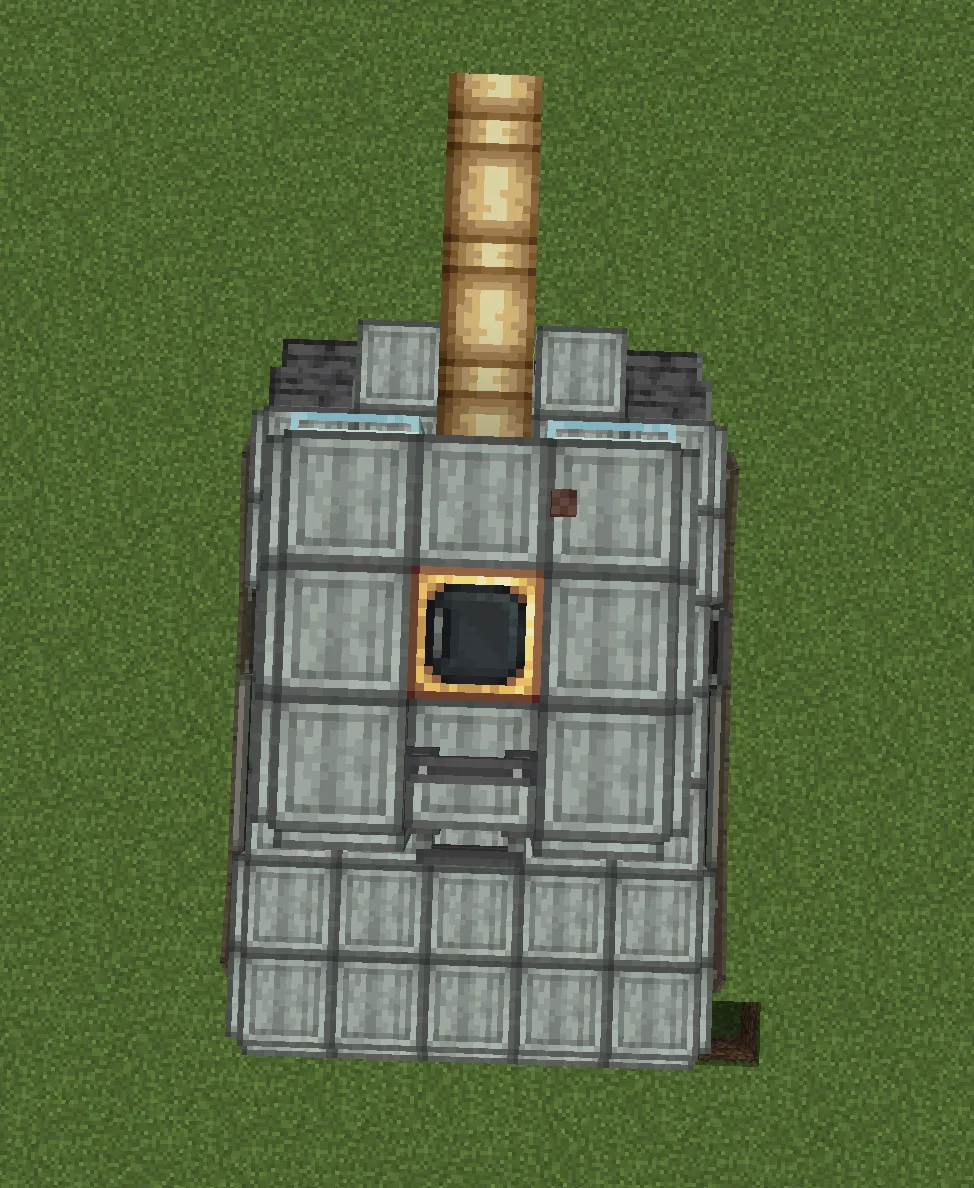 Top down view of a gray armored tank with a wooden barrel