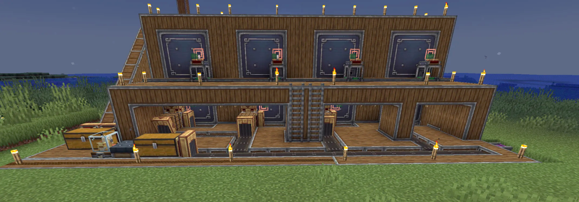 Склад Schematic Screenshots 1 Front view of a wooden warehouse with automated conveyor belts and storage chests