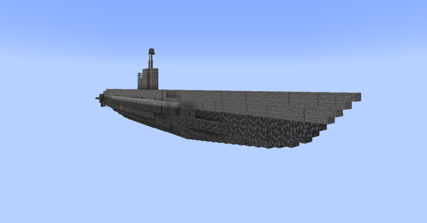 Side view of a Type VIIC U-boat schematic against a blue background