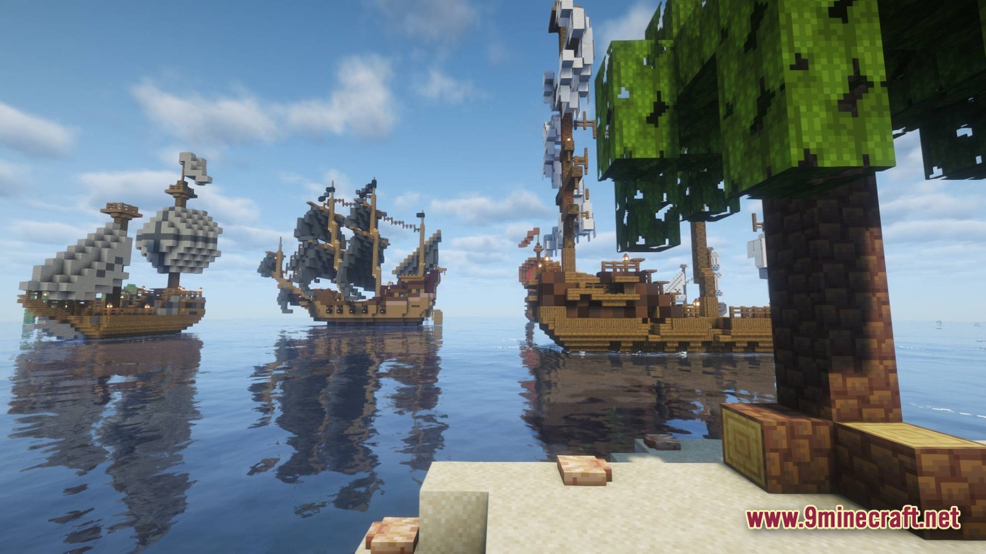 Several large wooden pirate ships with sails floating on the ocean near a sandy beach
