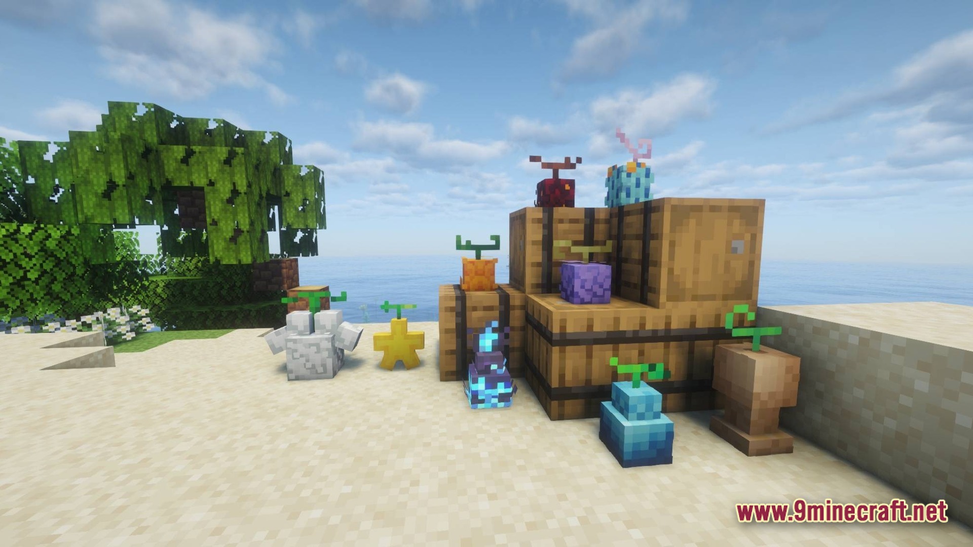 Various colorful Devil Fruits placed on wooden barrels and sand in a tropical beach biome