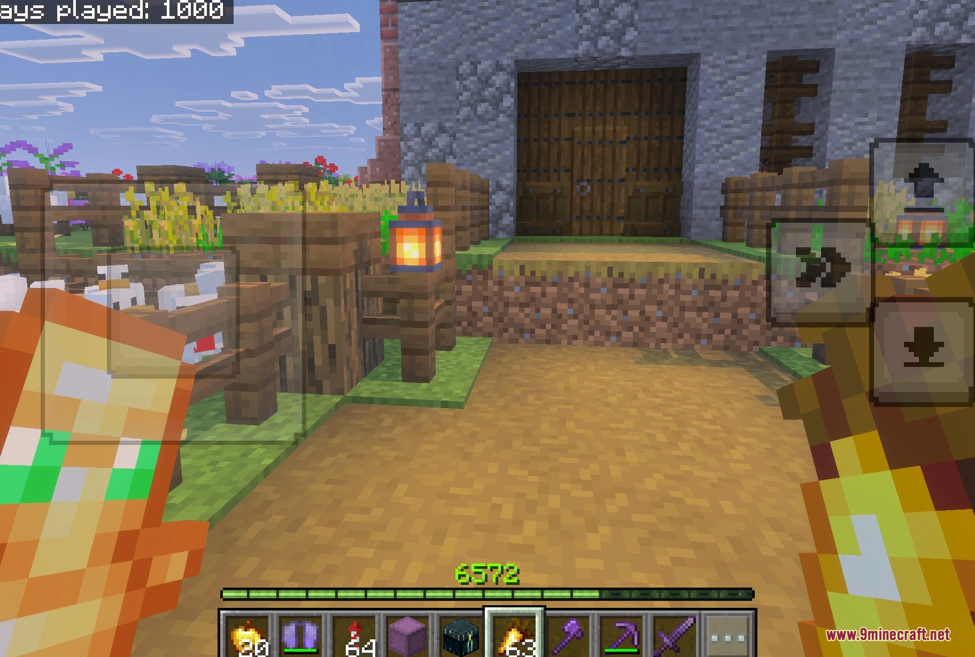 1000 Days Hardcore Survival World Map Screenshot 2 Stone and wood farmhouse with lantern-lit crop fields