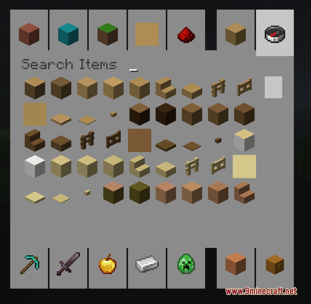 1x1 Ultimate Resource Pack Screenshot 2 Minecraft inventory screen showing various items represented by single solid color textures