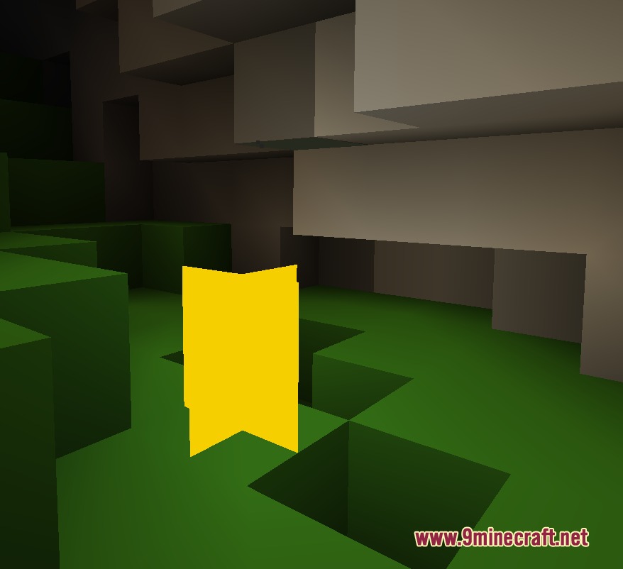 1x1 Ultimate Resource Pack Screenshot 5 A bright yellow entity stands in a cave made of solid colored blocks