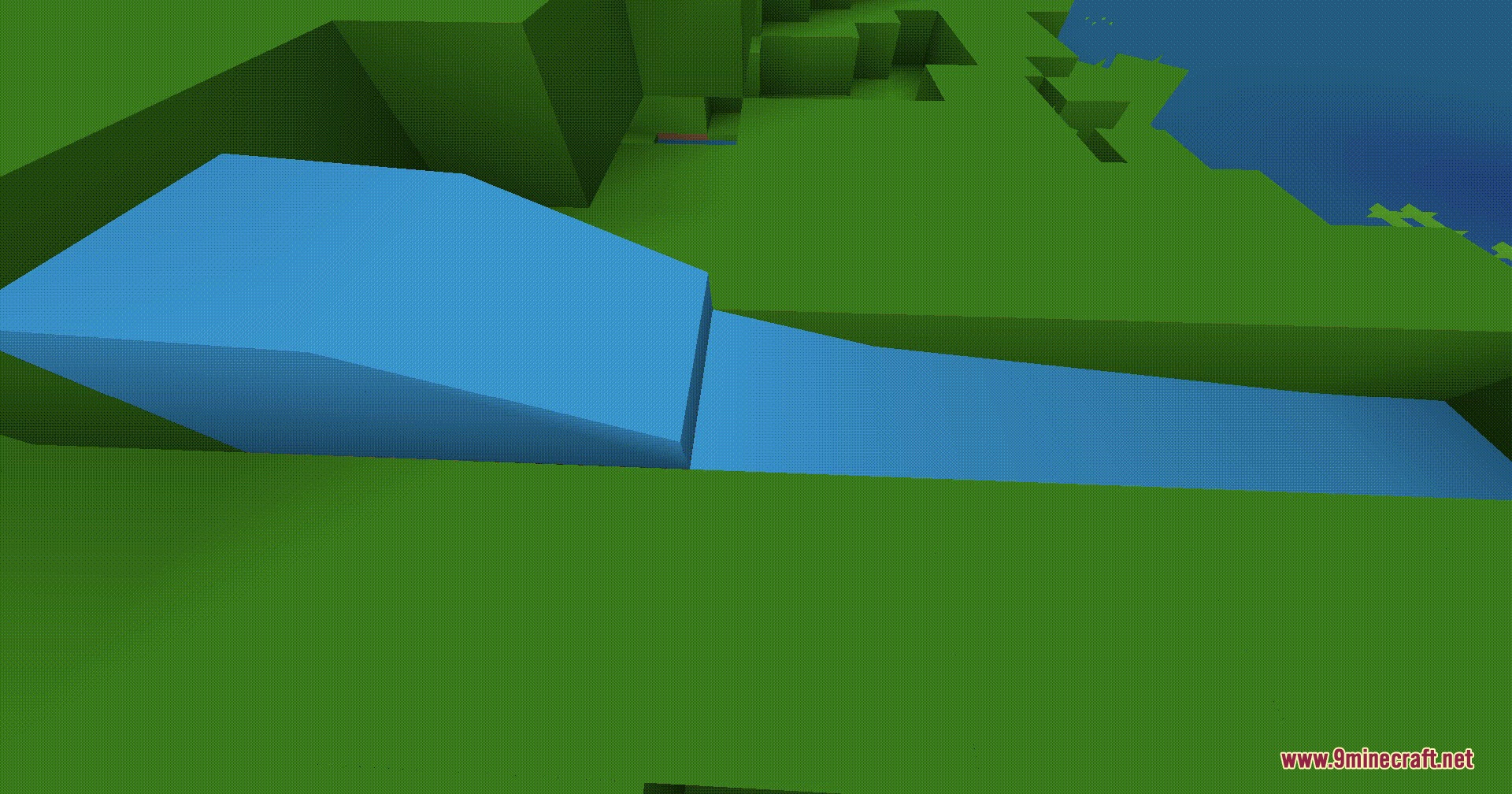 1x1 Ultimate Resource Pack Screenshot 7 A stream of blue water flows through a green terrain with solid colors