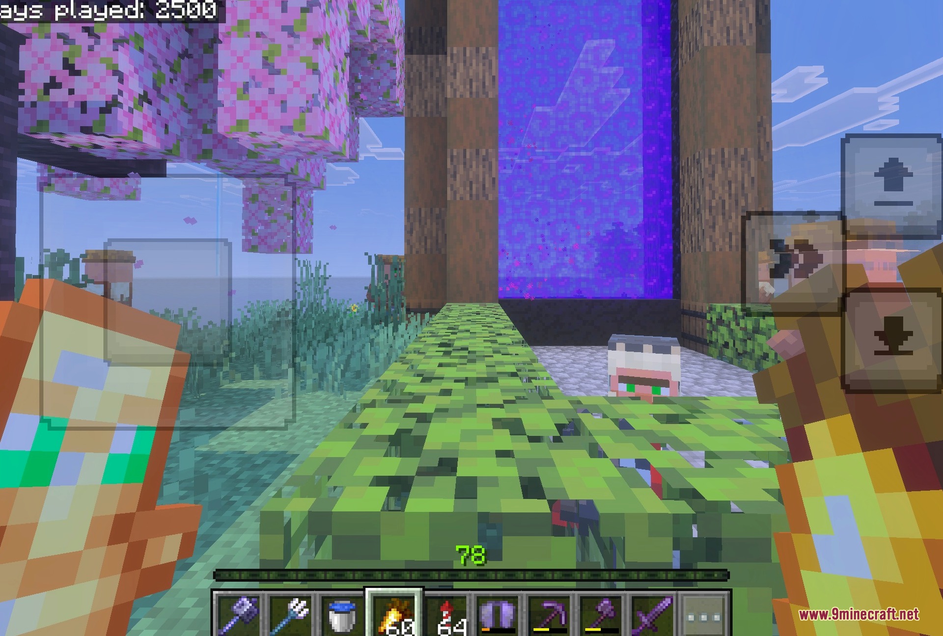 2500 Days Hardcore Survival Screenshot 2 Nether portal framed by cherry trees inside the base