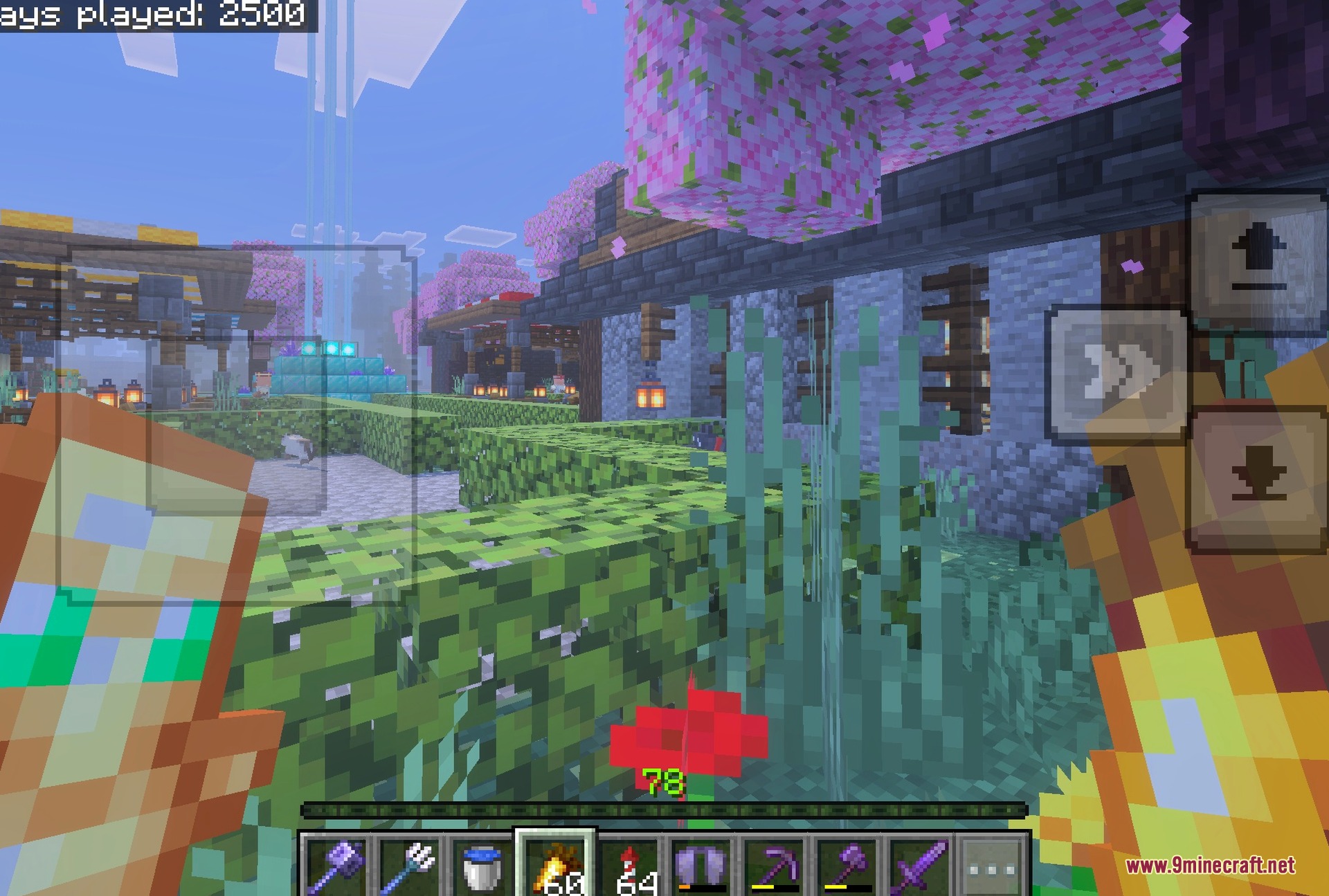 2500 Days Hardcore Survival Screenshot 3 Villager trading hall beside the crop fields