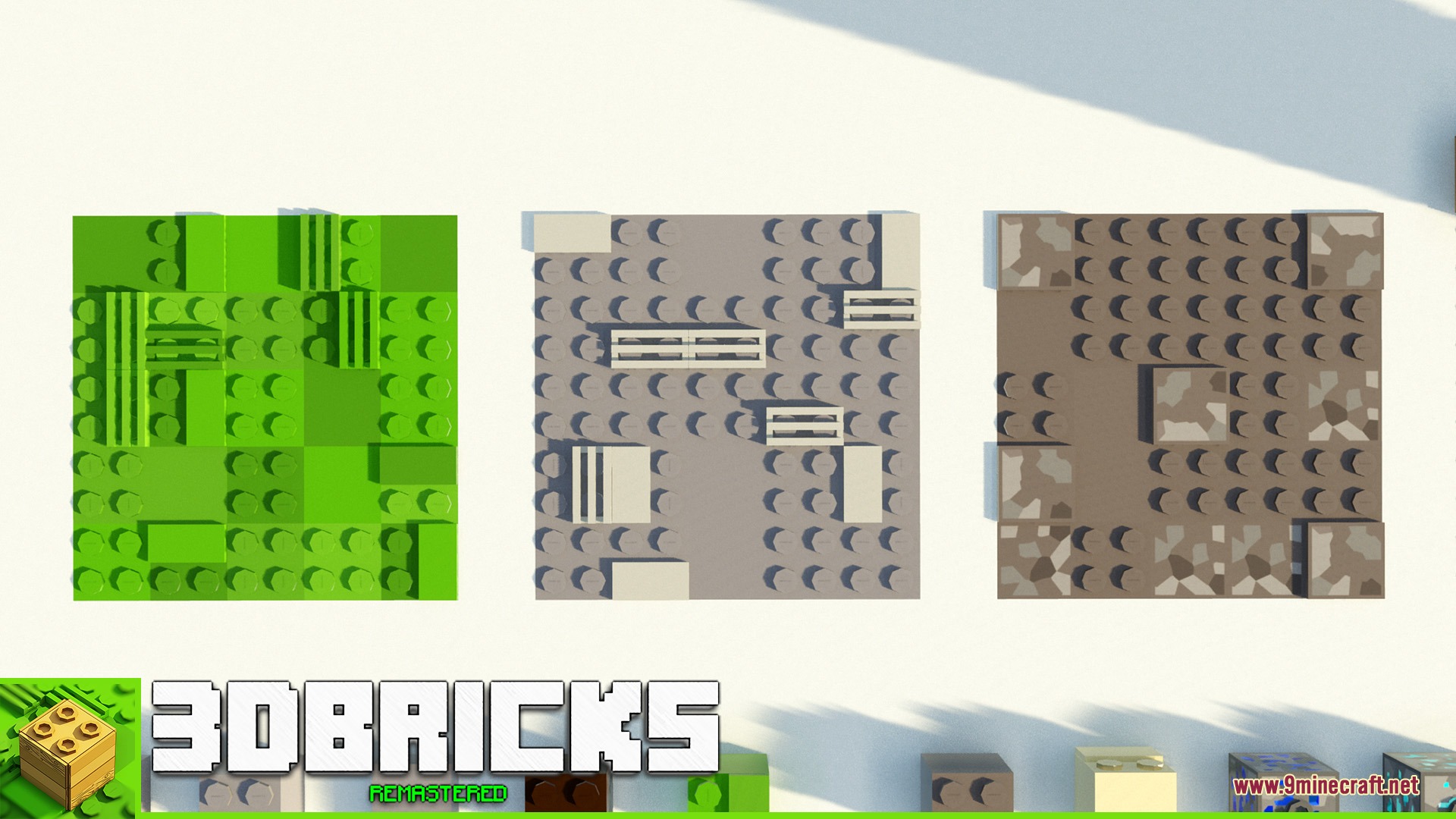 3D Bricks REMASTERED Resource Pack Screenshot 3 Three square platforms showcasing the plastic toy brick textures in different colors