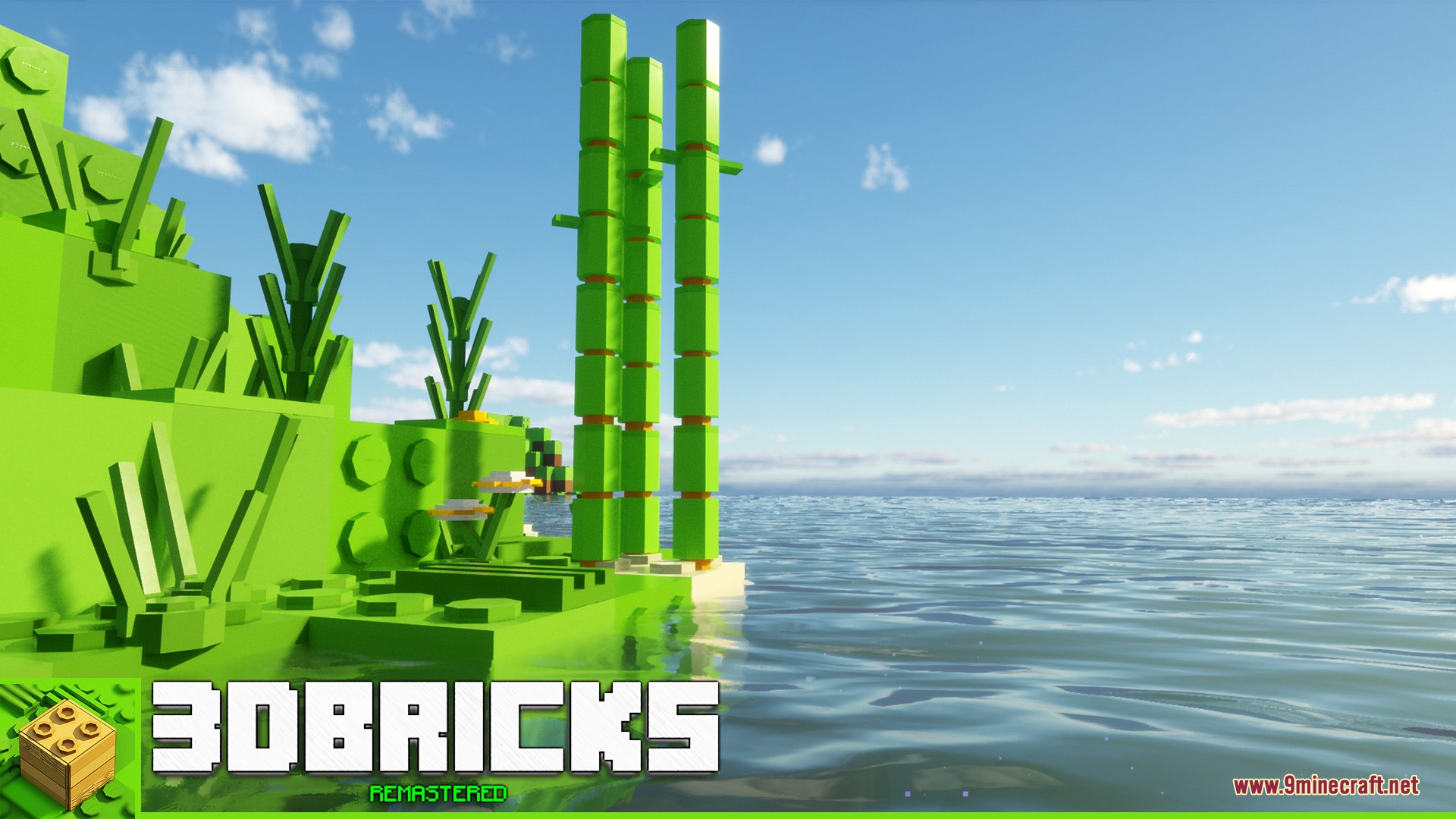 3D Bricks REMASTERED Resource Pack Screenshot 4 A scenic coastal view with green plastic bricks and tall bamboo structures