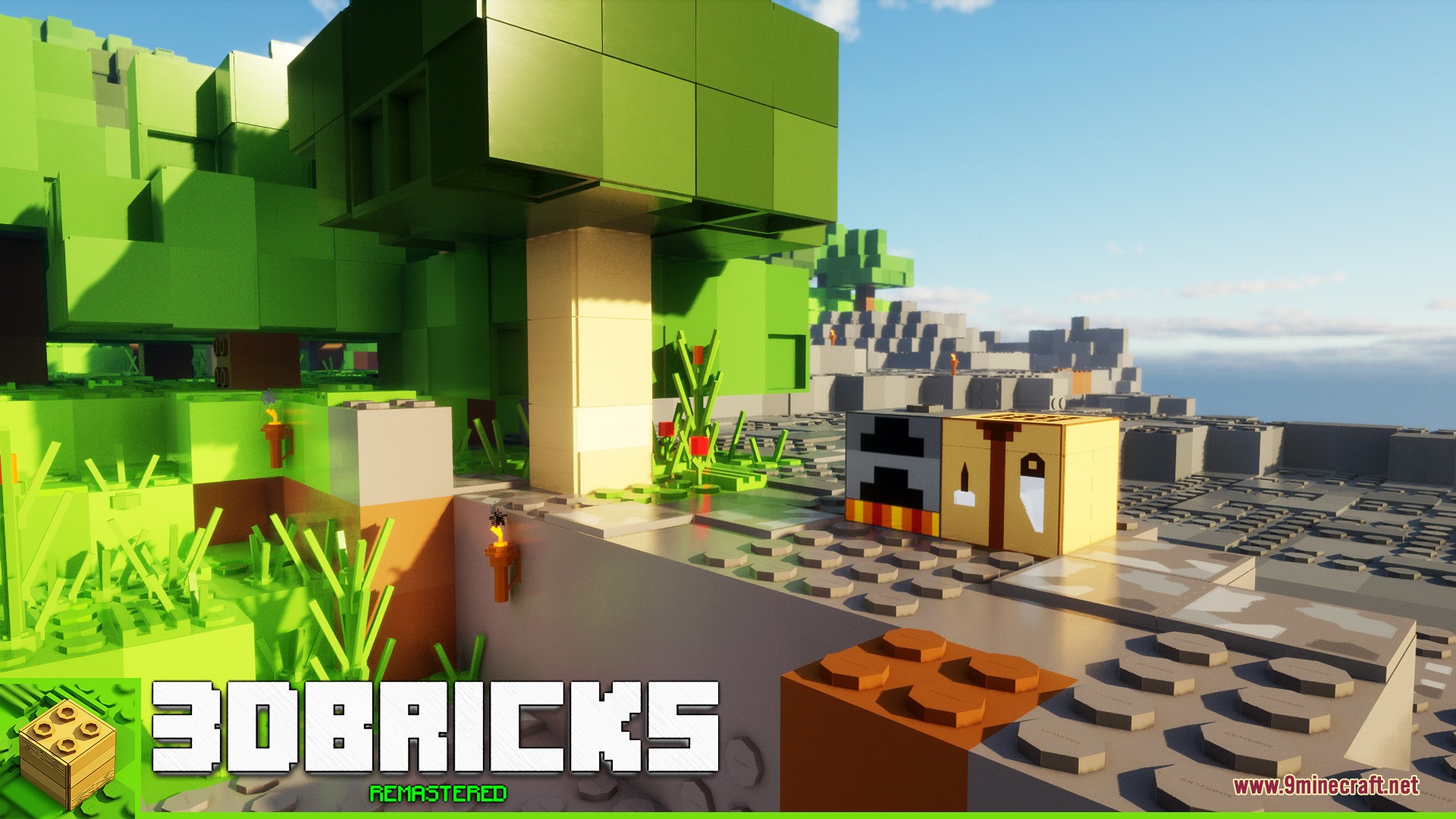 3D Bricks REMASTERED Resource Pack Screenshot 6 A Minecraft landscape featuring a tree and furnace built with interlocking plastic bricks