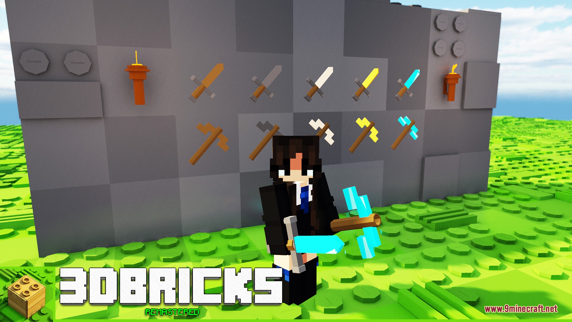 3D Bricks REMASTERED Resource Pack Screenshot 7 A player holding diamond gear in the 3D Bricks REMASTERED resource pack