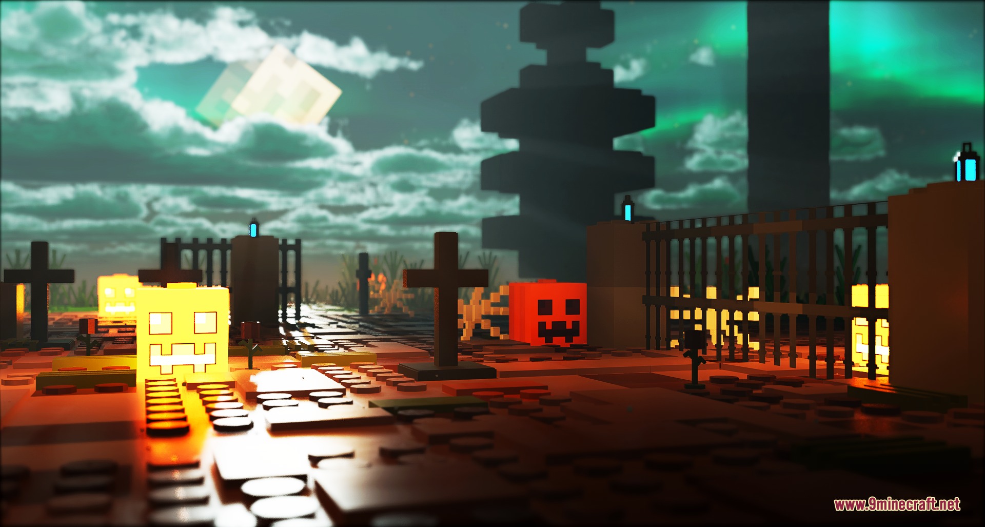 3D Bricks REMASTERED Resource Pack Screenshot 8 Spooky graveyard scene with glowing pumpkins made of plastic toy bricks