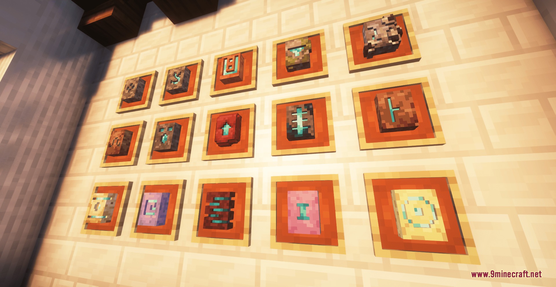 3D Items Vanillaism Resource Pack Screenshot 1 Various 3D armor trim smithing templates displayed in item frames on a wall