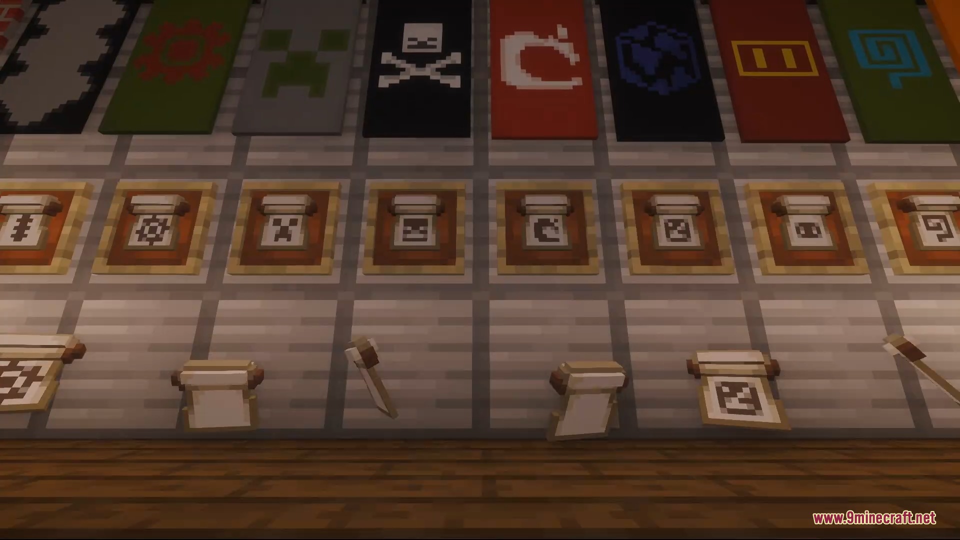 3D Items Vanillaism Resource Pack Screenshot 4 Decorative banners and 3D scroll items hanging on a wooden wall display