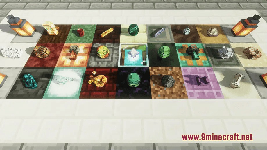 3D Items Vanillaism by Snow_Wolf_324 Resource Pack Screenshot 1 A grid of various Minecraft items displayed as detailed 3D models on blocks