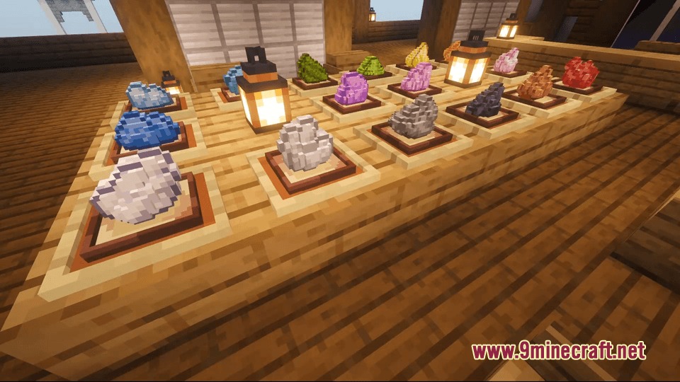 3D Items Vanillaism by Snow_Wolf_324 Resource Pack Screenshot 4 Various 3D gems and ores displayed on a wooden table with lanterns