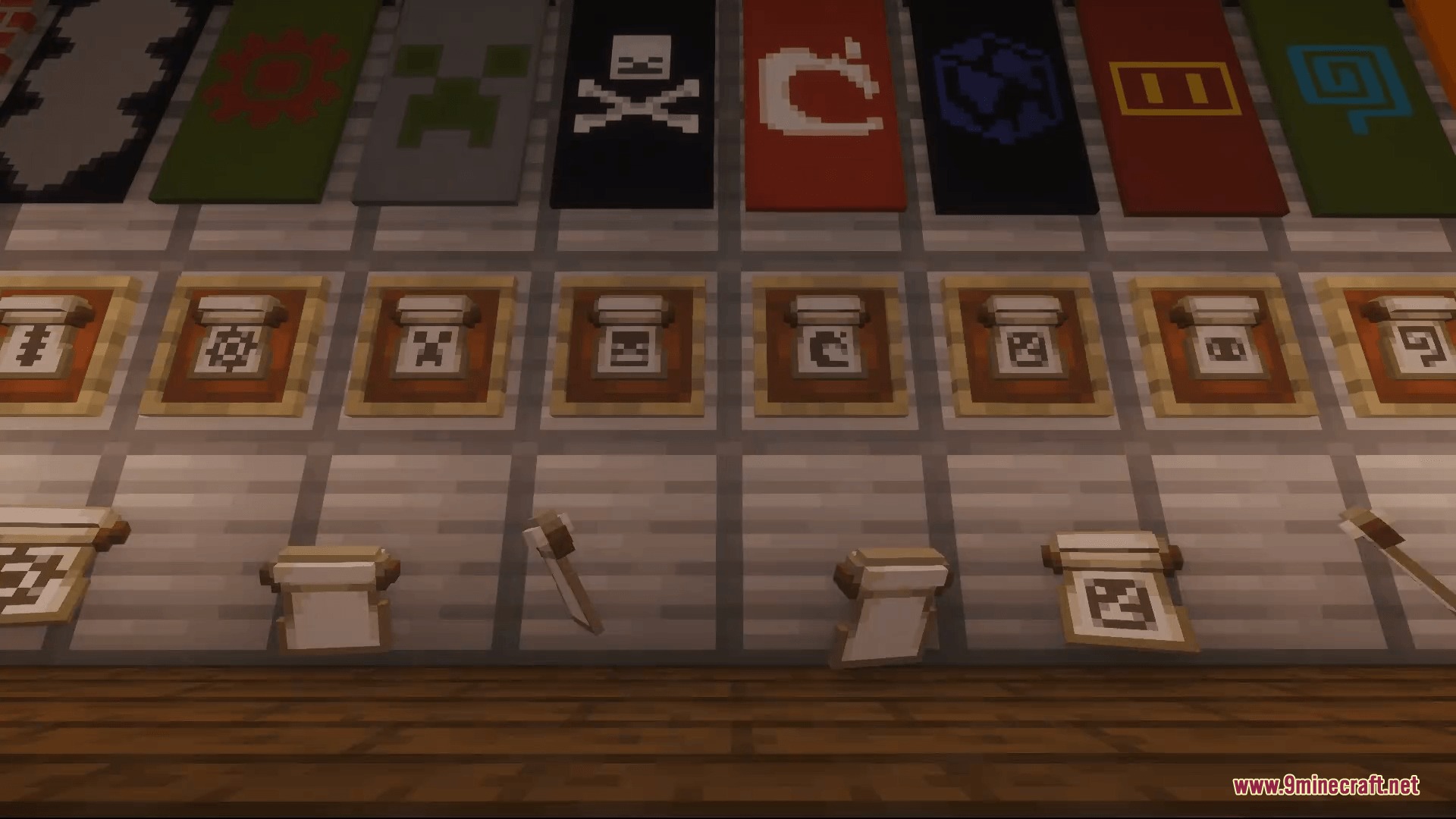 3D Items Vanillaism by Snow_Wolf_324 Resource Pack Screenshot 5 Colorful Minecraft banners and 3D banner patterns displayed on a wooden wall