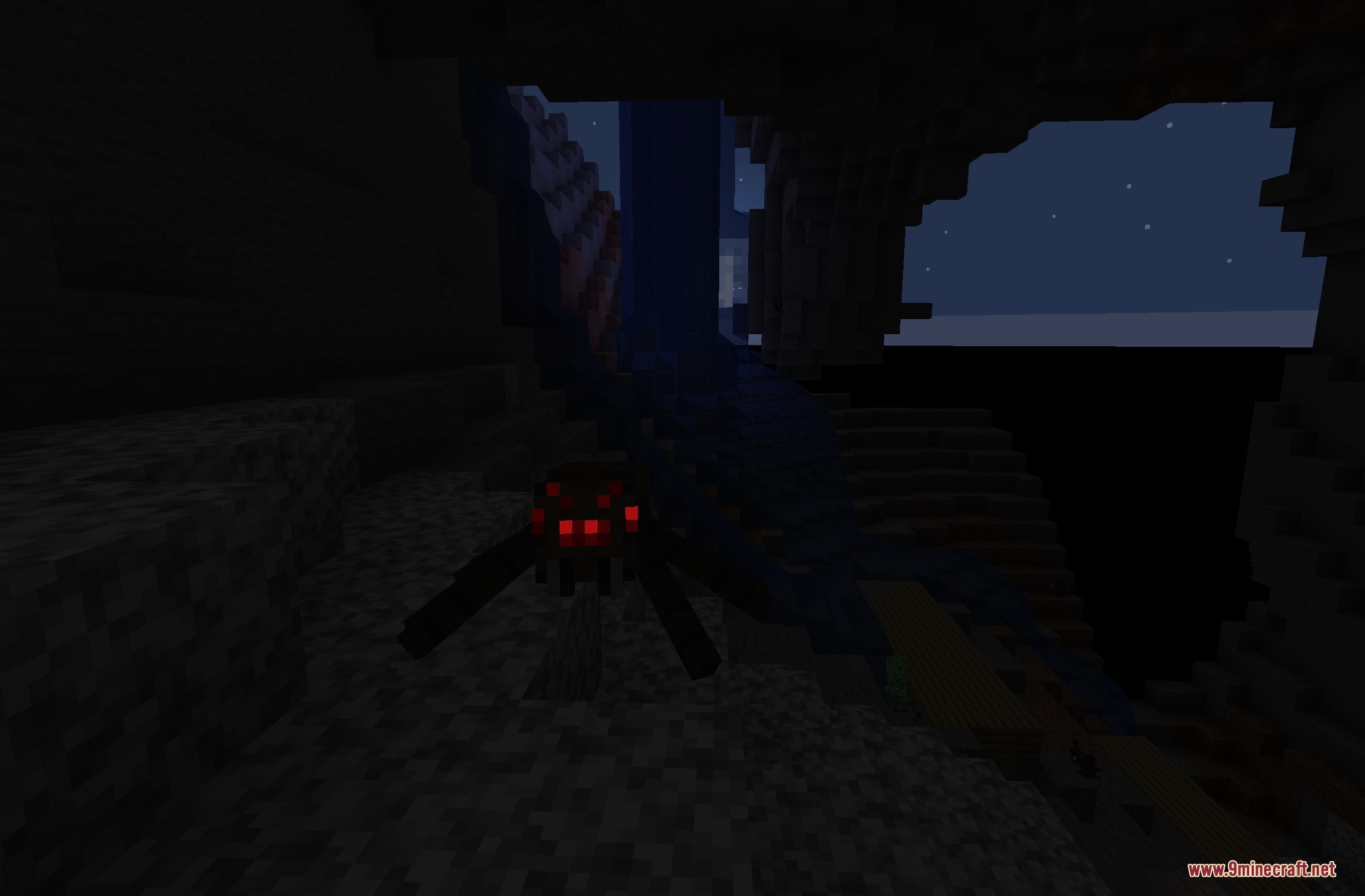3D Spider Eyes X Fresh Animations Resource Pack Screenshot 2 Spider with glowing red eyes lurking in a dark cave