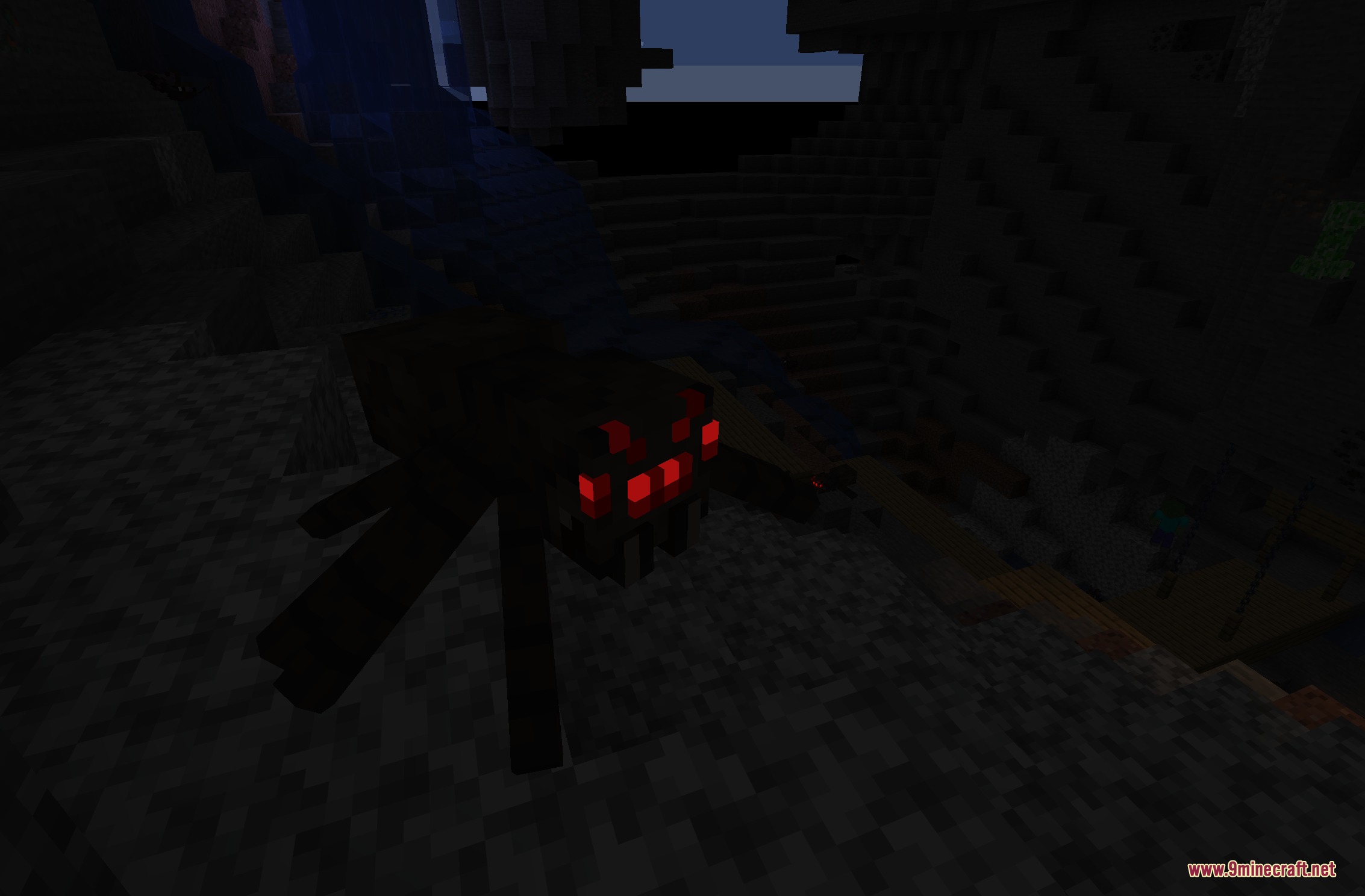 3D Spider Eyes X Fresh Animations Resource Pack Screenshot 4 A Minecraft spider with bright glowing red eyes crawls through the darkness