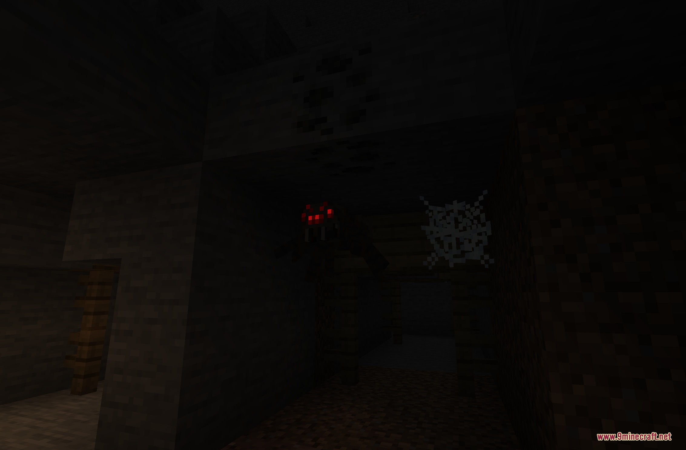 3D Spider Eyes X Fresh Animations Resource Pack Screenshot 5 A spider with glowing red eyes lurking in a dark underground cave