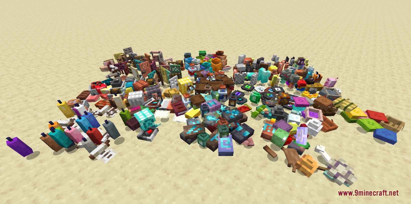 3D Vanilla Items Resource Pack Screenshot 1 A massive pile of various 3D Minecraft items scattered on the sand