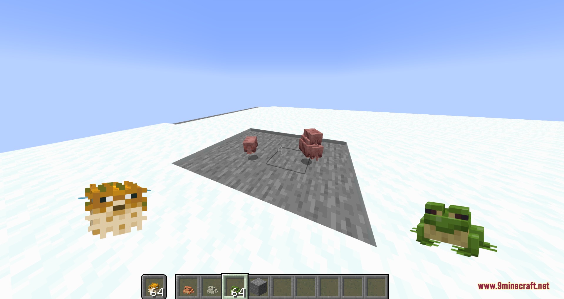 3d Entity Eggs Resource Pack Screenshot 5 Miniature 3D mob models of a pufferfish and frog on the ground