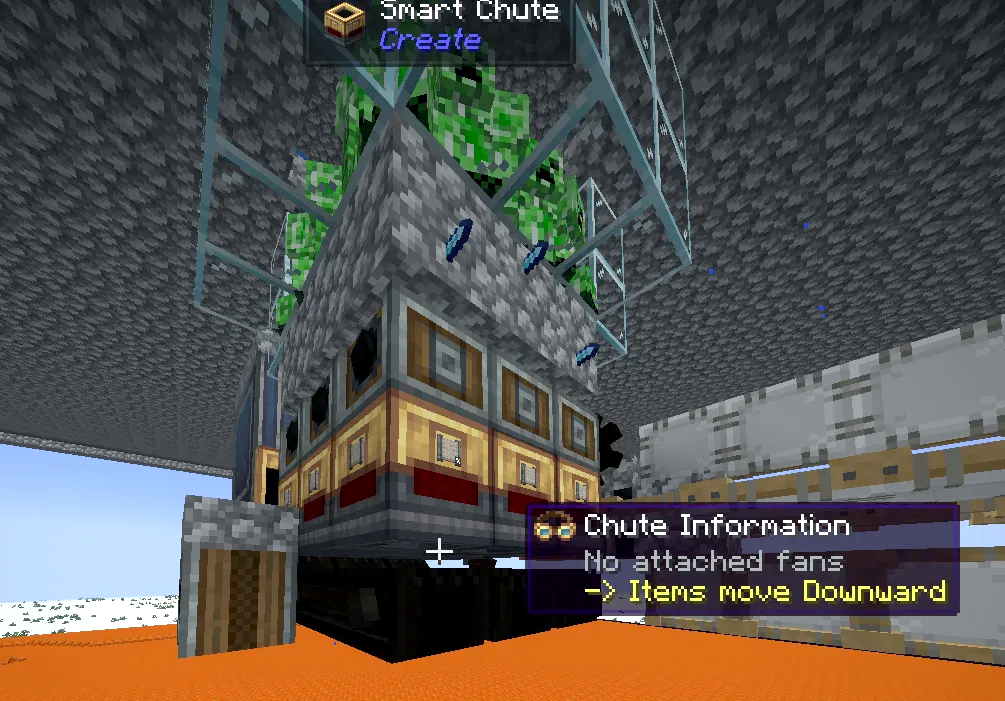 9x6 Flushing Mob Farm Creeper Farm Schematic Screenshots 1 Creepers trapped in a glass cage above mechanical deployers and smart chutes