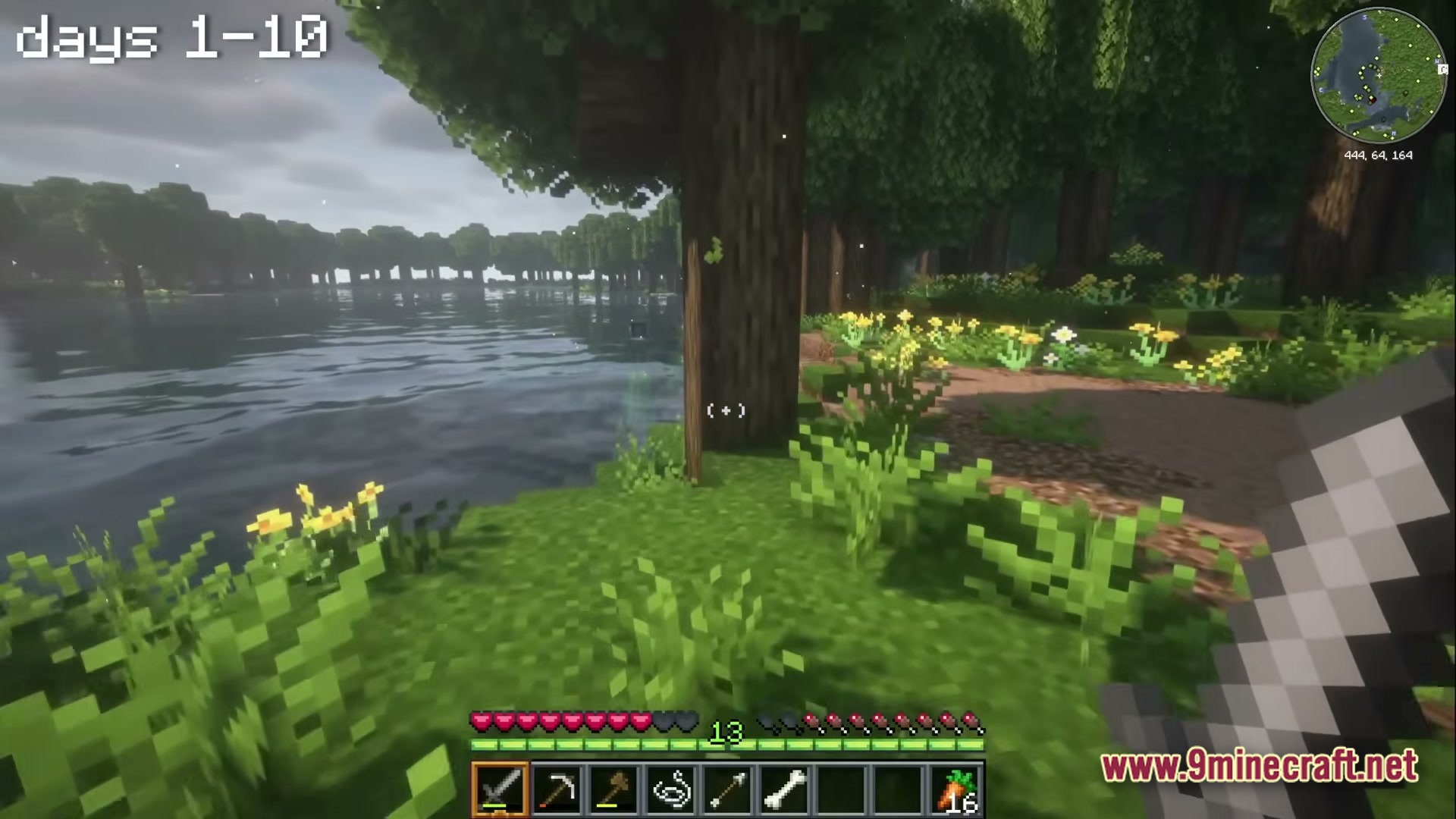 A Cozy Mizuno World Modpack Screenshot 1 A first-person view of a player holding a sword near a lake in a forest biome