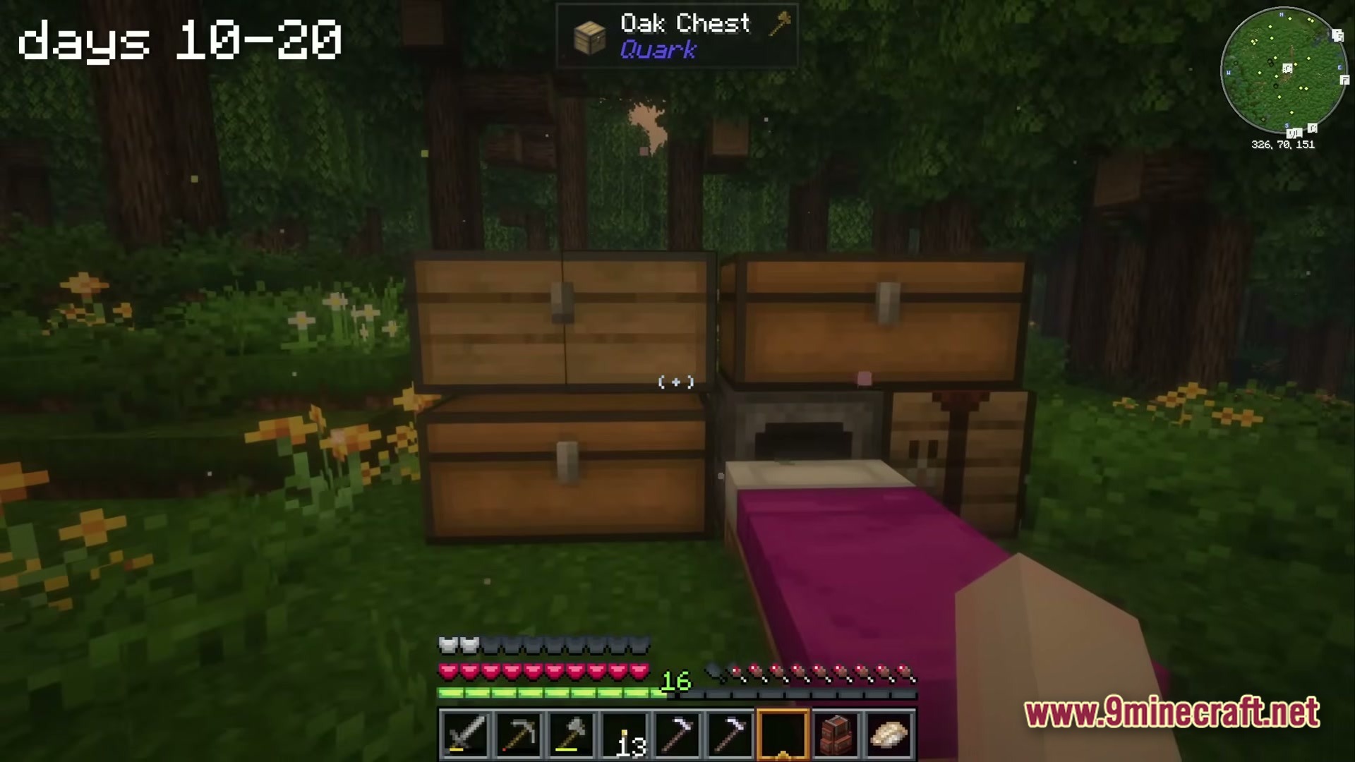 A Cozy Mizuno World Modpack Screenshot 3 A small outdoor base featuring chests, a furnace, a crafting table, and a purple bed