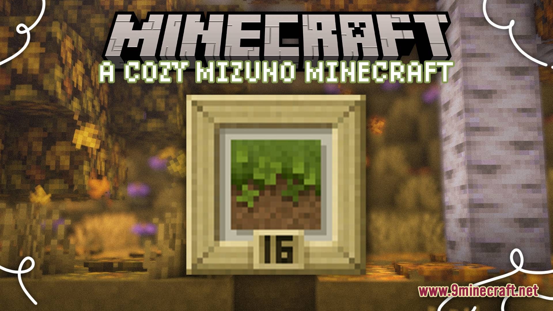 A Cozy Mizuno World Modpack Screenshot 7 An item frame displaying a grass block icon positioned in front of a birch forest biome