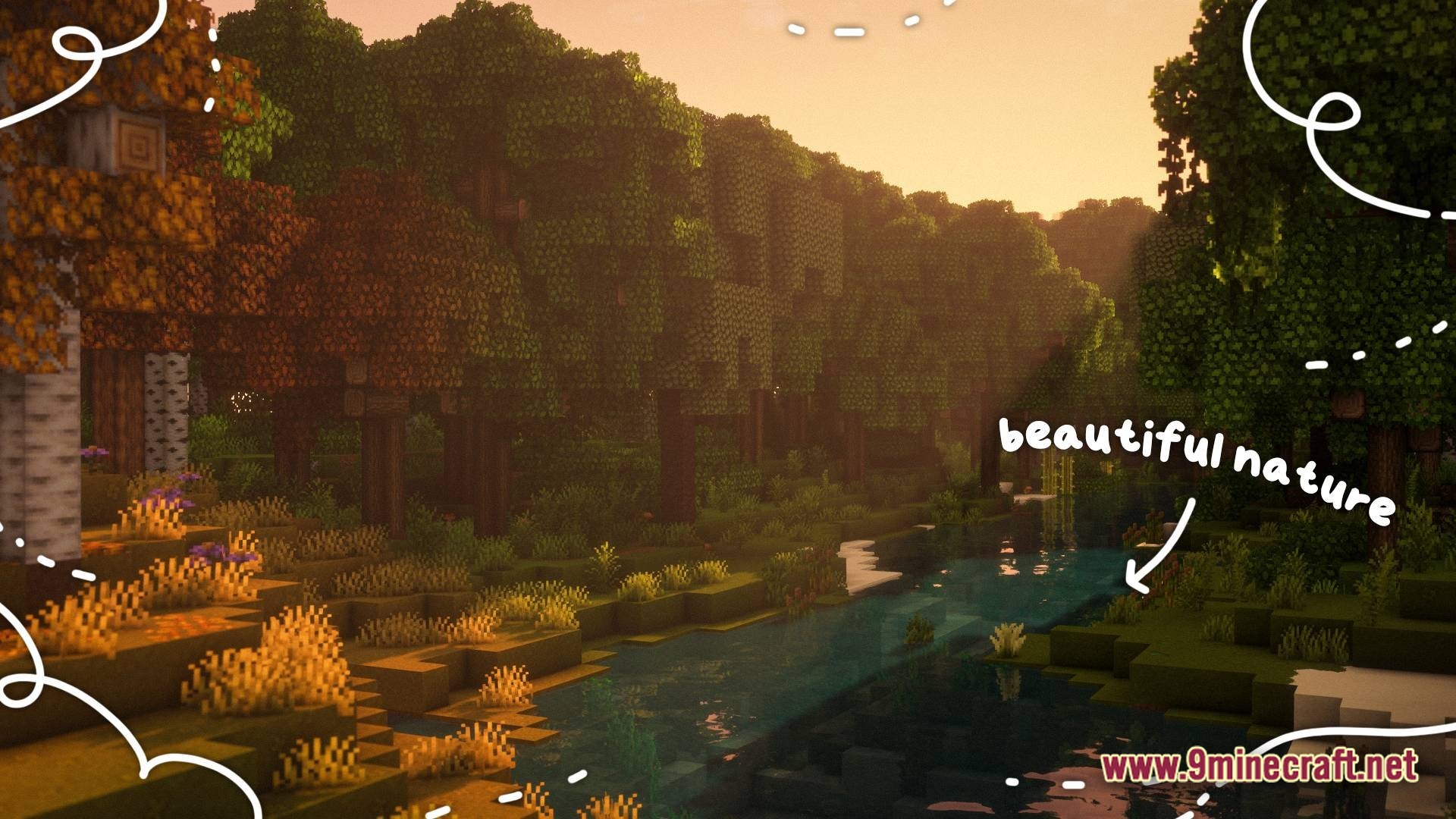 A Cozy Mizuno World Modpack Screenshot 8 A river flows through a dense forest biome during sunset with custom textures and shaders