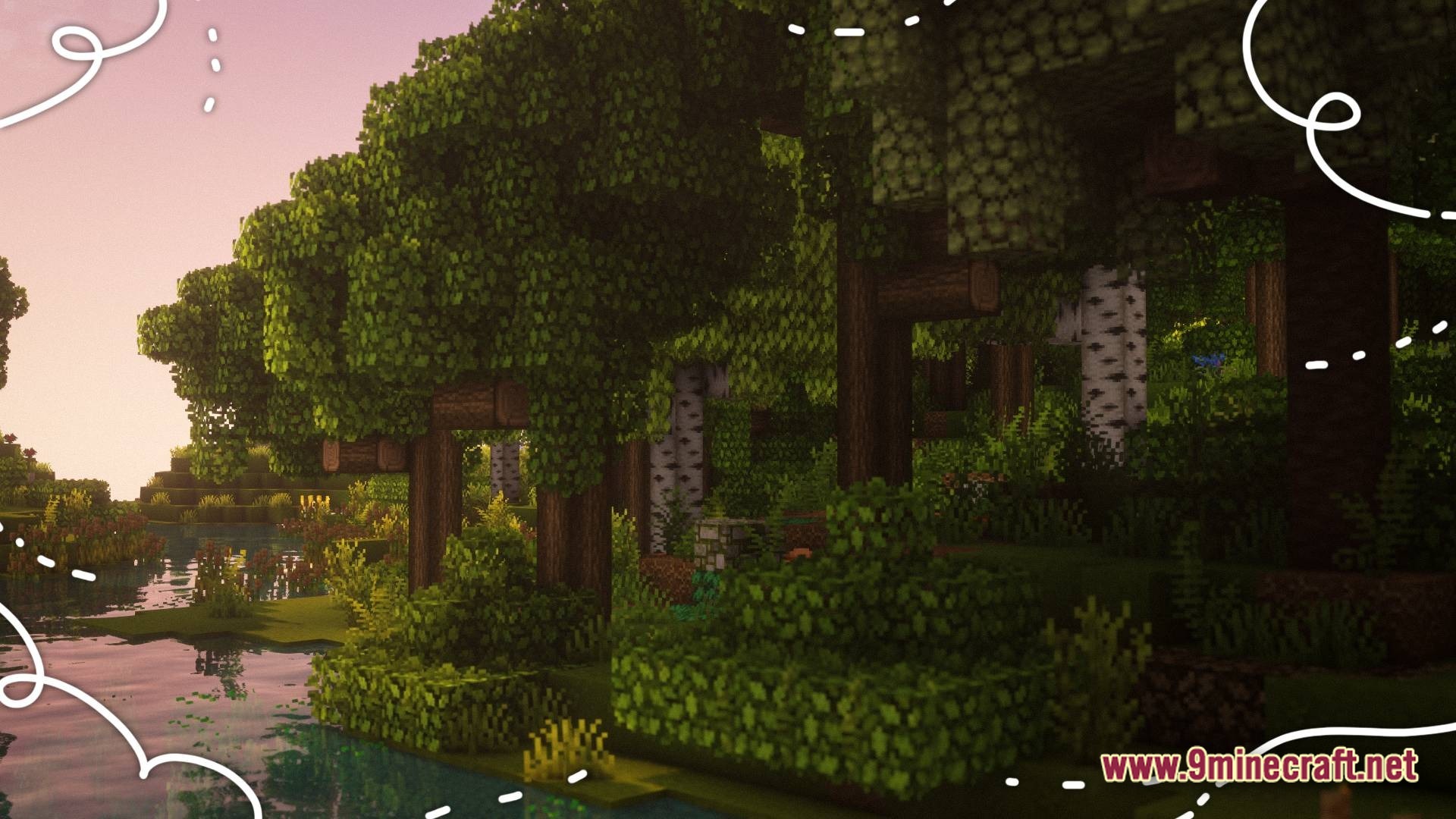 A Cozy Mizuno World Modpack Screenshot 9 A dense forest of oak and birch trees grows along the edge of a calm river