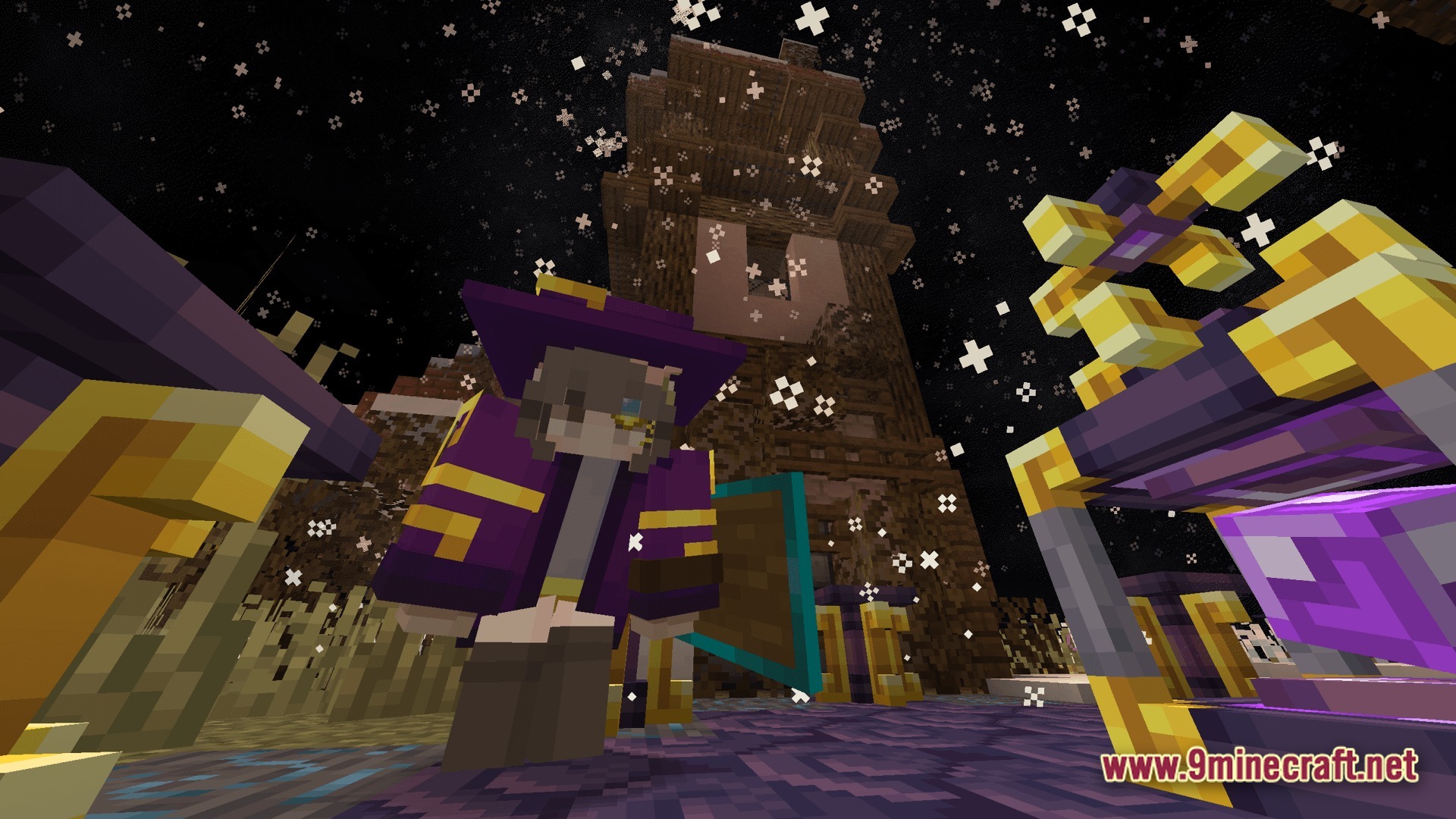 A Distant Journey Story Of Architects' Prism Modpack Screenshot 10 A player character in wizard robes stands before a wooden tower under a starry night sky