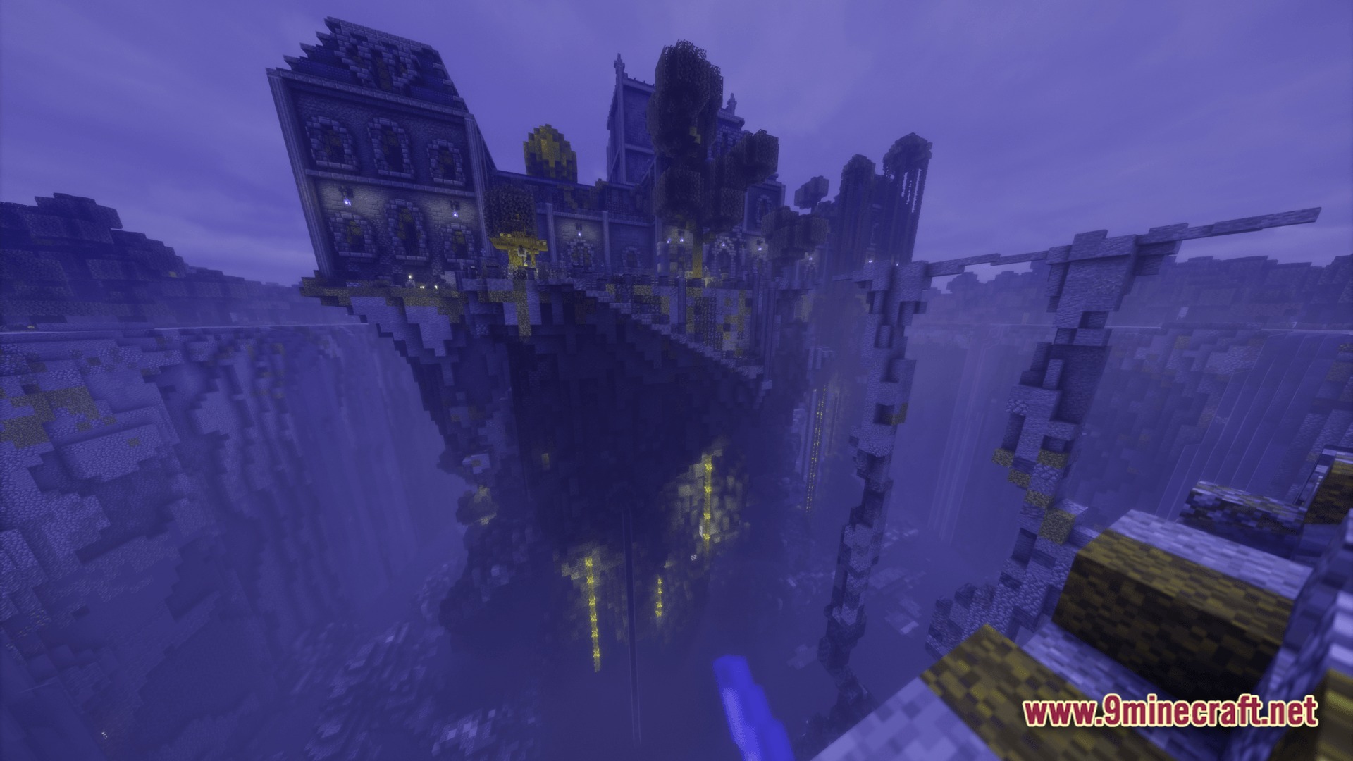 A Distant Journey Story Of Architects' Prism Modpack Screenshot 9 A large stone castle structure built atop a steep cliffside overlooking a deep, foggy ravine