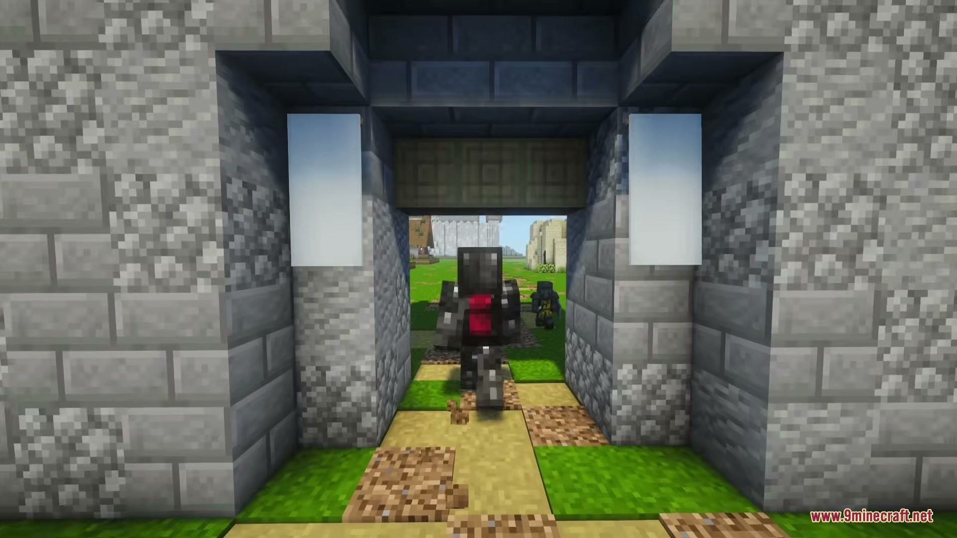 A Game of Blocks Mod Screenshot 10 Two soldiers walking through a stone gate into a grassy field