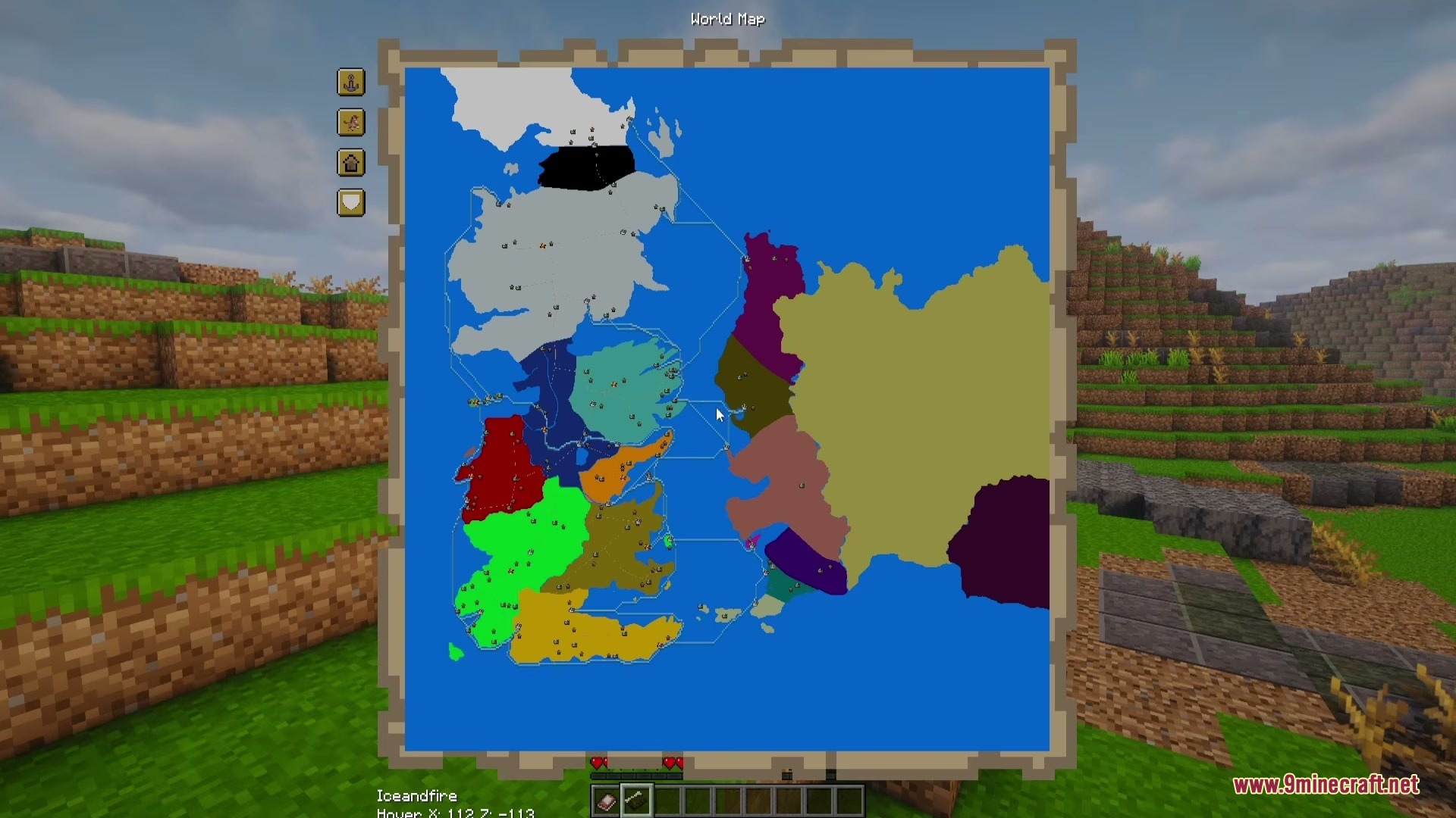 A Game of Blocks Mod Screenshot 2 Player viewing a custom world map with colored regions representing different medieval kingdoms