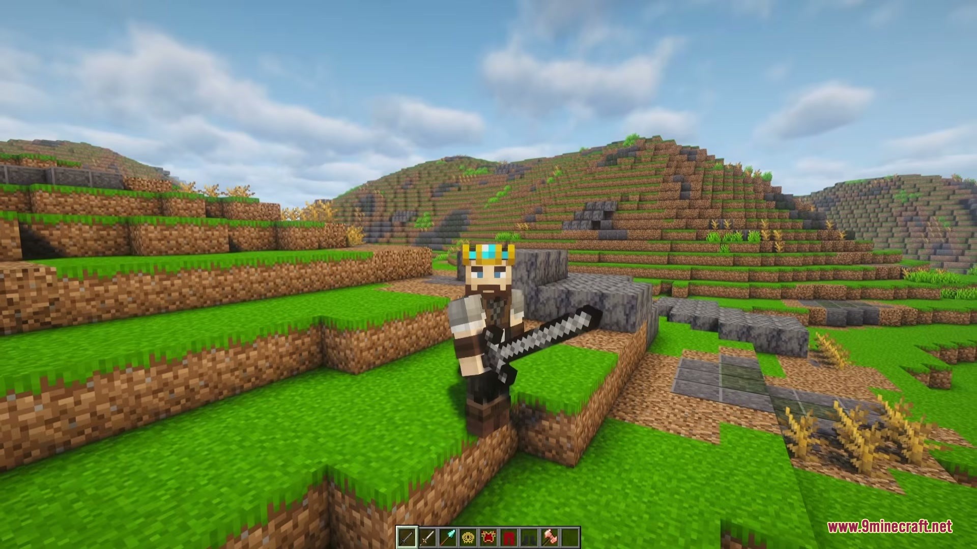 A Game of Blocks Mod Screenshot 3 A king character holding a sword stands on a green grassy hill